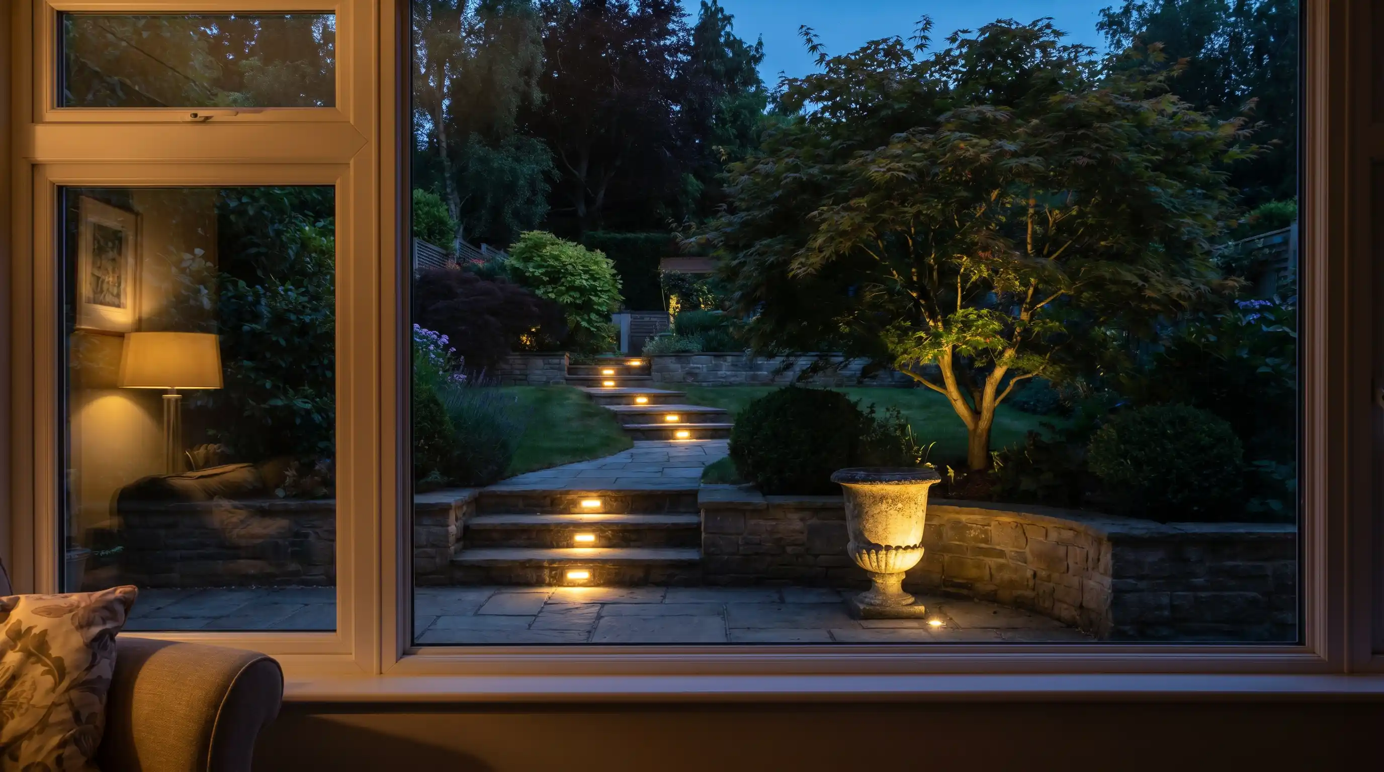 Downward sloping garden at night, illuminated by recessed step lights and ambient lighting highlighting trees and plants.