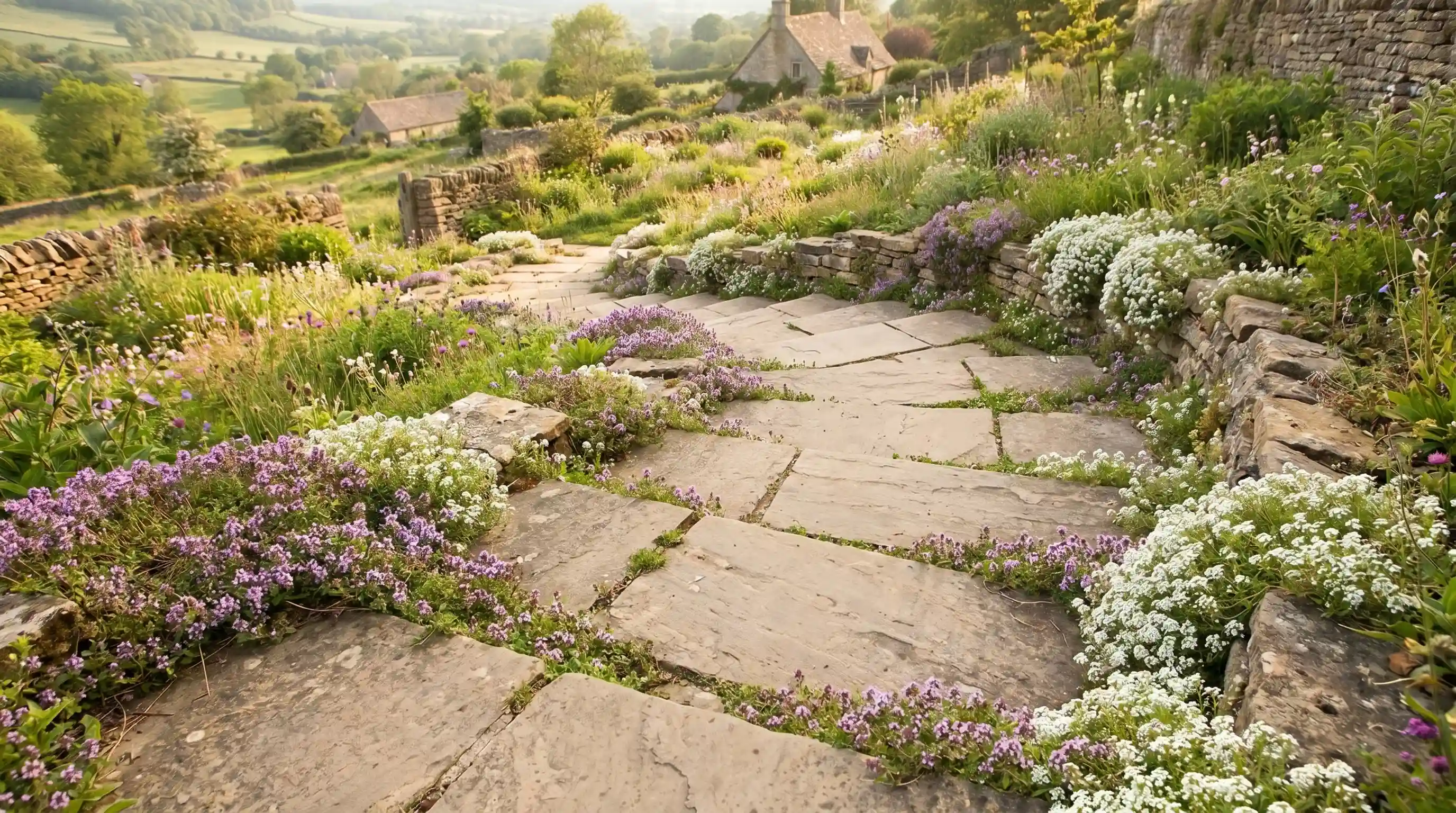 Steps doubling as a design feature leading through a vibrant downward sloping garden with layered plantings.