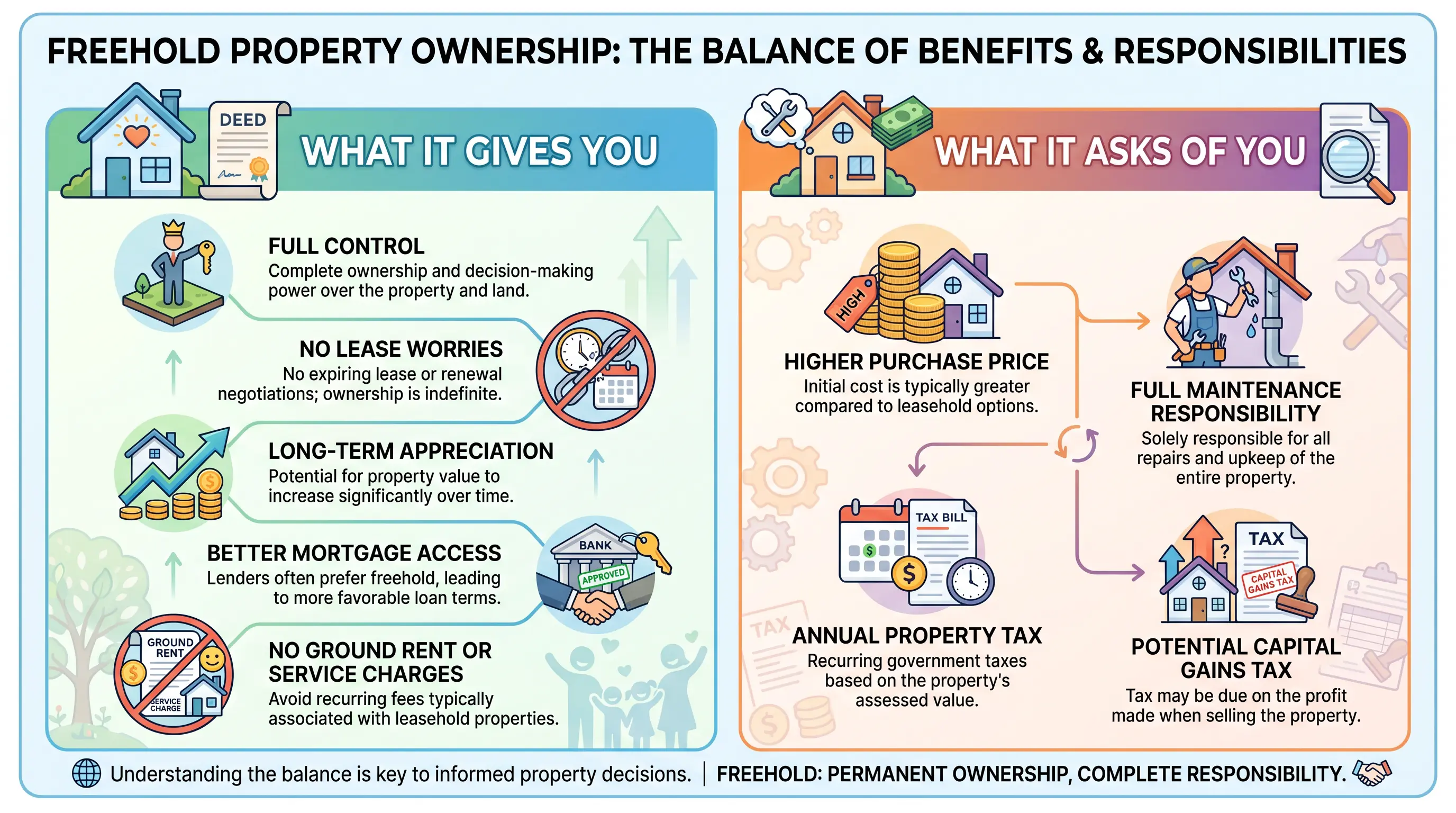 Infographic showing the benefits and responsibilities of freehold property ownership with icons for control, costs, and taxes.