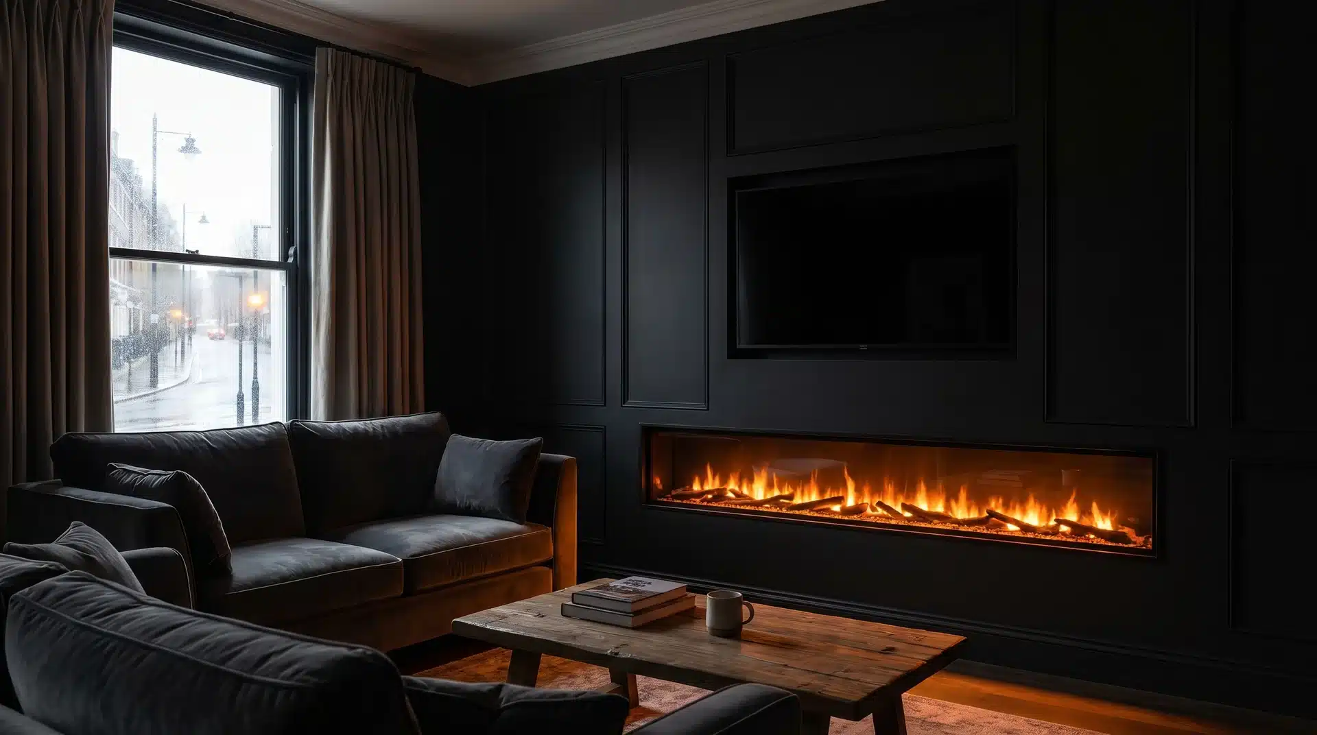 All-black matt media wall with black-framed electric fire and TV almost invisible against the dark surface