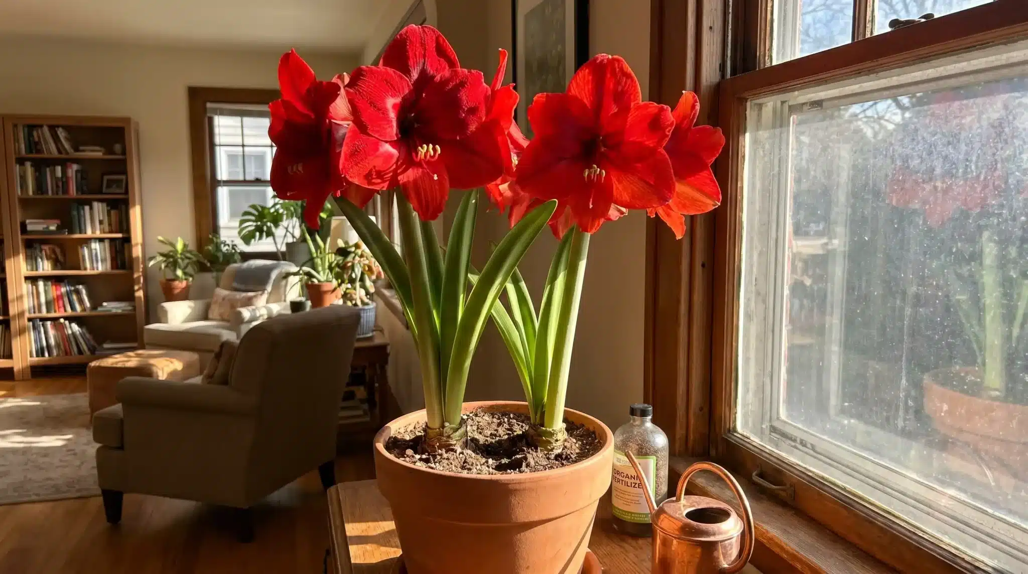 Bright red amaryllis flowers in a pot on a sunlit windowsill, demonstrating proper amaryllis care indoors.