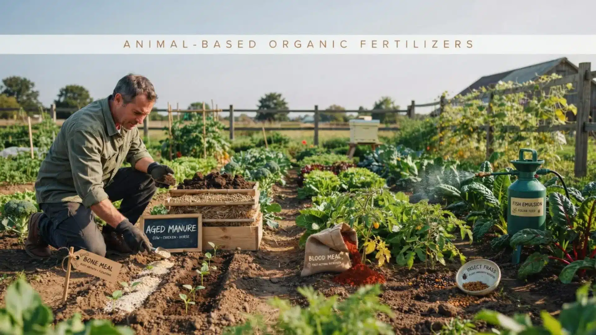 Animal-based organic fertilizers including aged manure, blood meal, and insect frass applied in a garden with healthy plants.