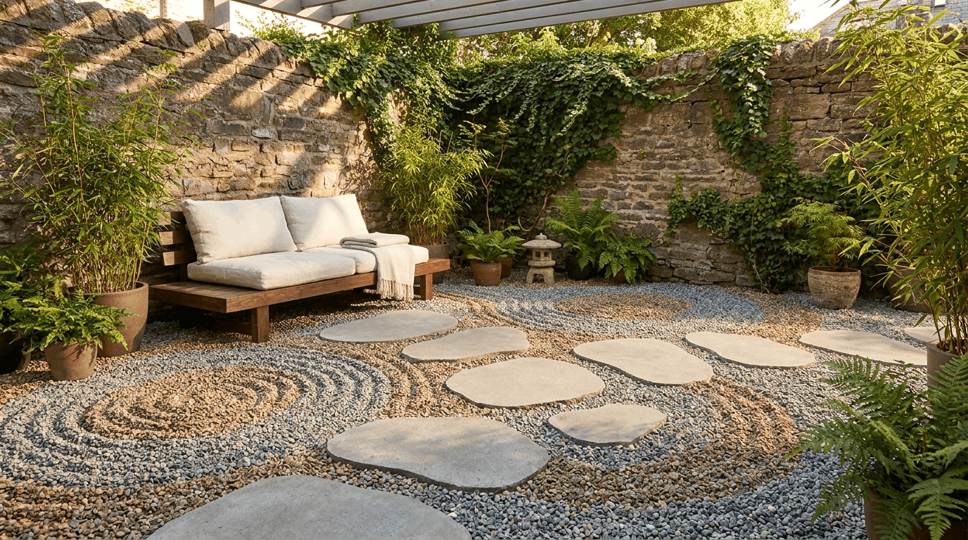 Multicolor raked gravel patio with flat concrete stepping stones, low cushioned bench, enclosed backyard or walled garden.