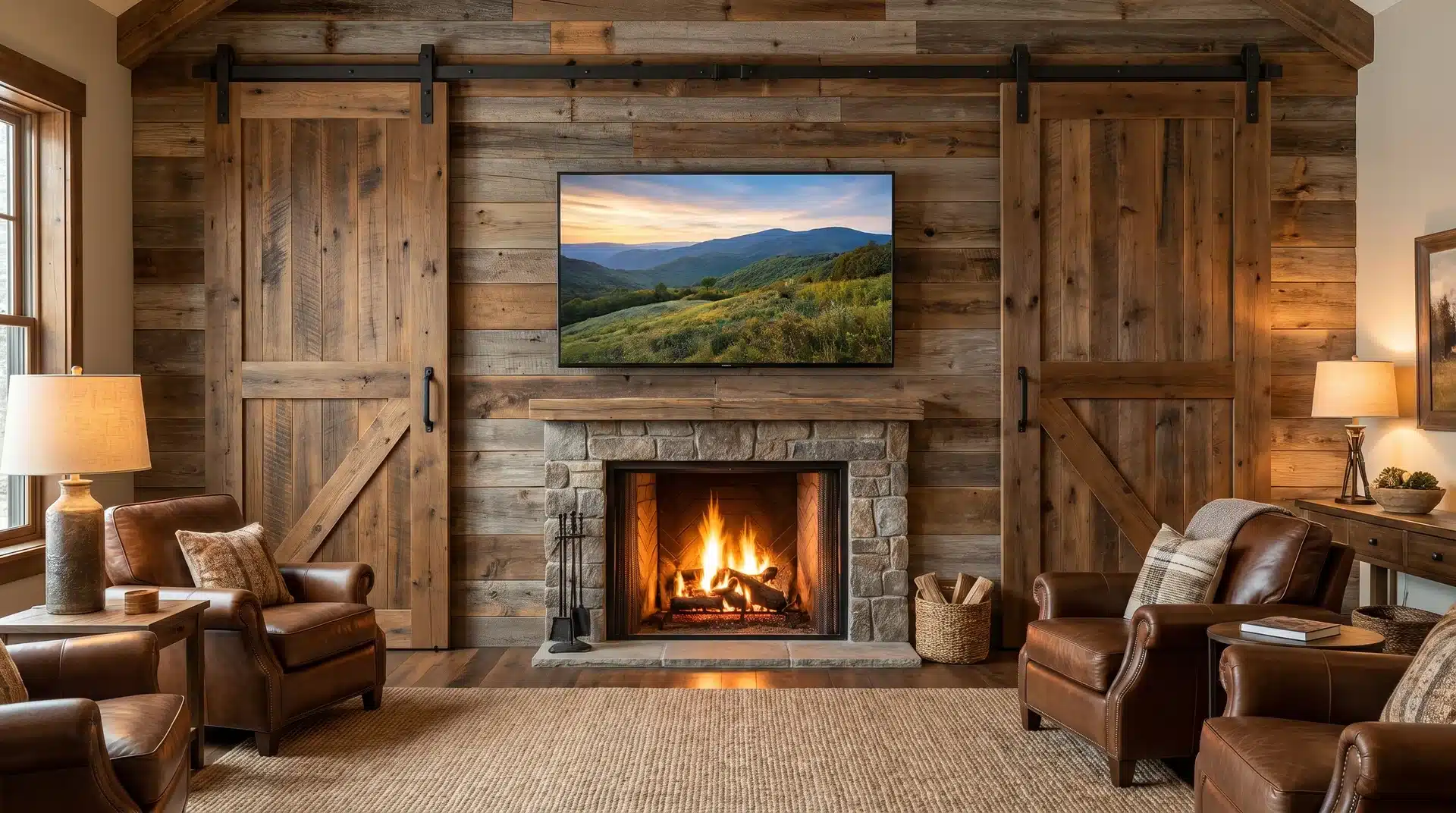 Sliding barn doors pulled open on track to reveal TV mounted above fireplace on barnwood wall.