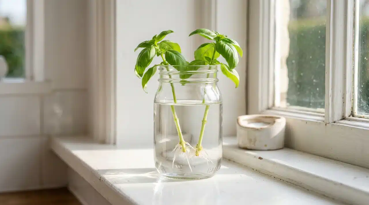 How to grow basil from cuttings: two basil stems with tiny white roots growing in a clear glass of water.