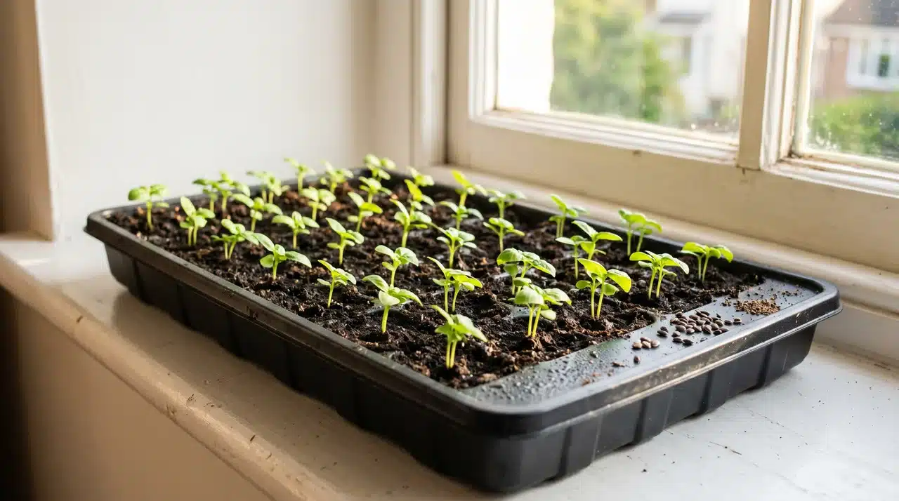 ow to grow basil from seed: tiny basil seedlings sprouting in a tray of dark potting mix on a windowsill.