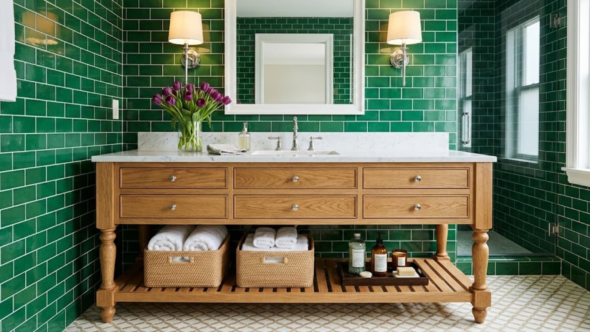 Wood bathroom vanity with marble countertop, six drawers, and open lower shelf with woven baskets, set against glossy emerald green subway tile walls with a white framed mirror and wall sconces above.