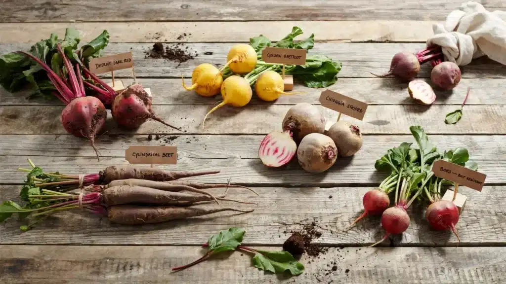 Multiple beetroot types displayed on a wooden surface, labeled with variety names, including red, golden, and striped roots.