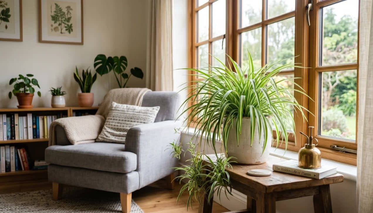 Spider plant care setup with bright indirect light near an east-facing indoor window