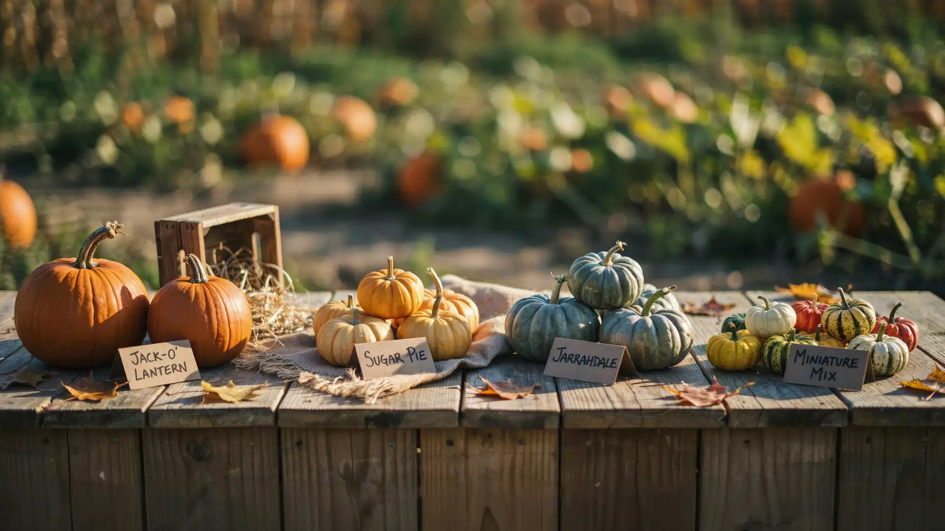 Table display of labeled pumpkins: Jack-O'-Lantern, Sugar Pie, Jarrahdale, and Miniature Mix on a wooden surface outdoors.
