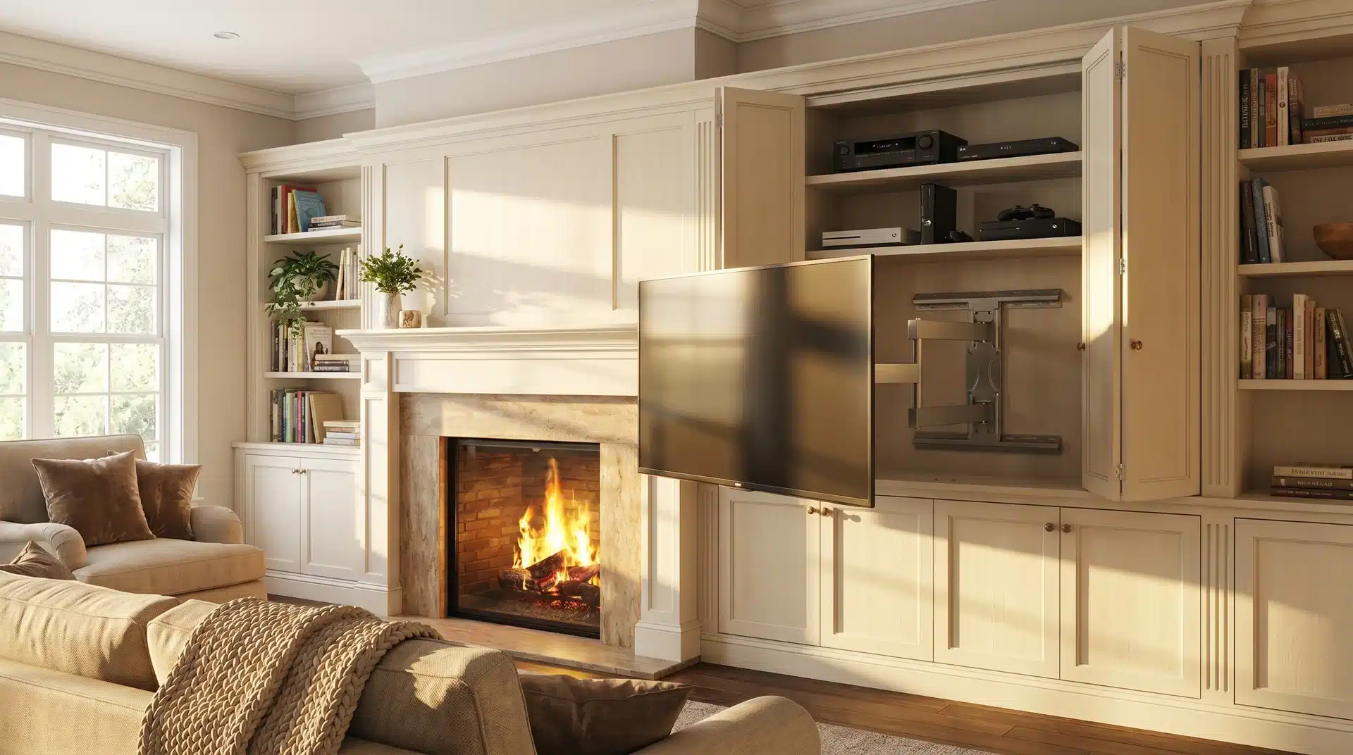 TV on swivel mount inside open bifold cabinet built into fireplace wall cabinetry.