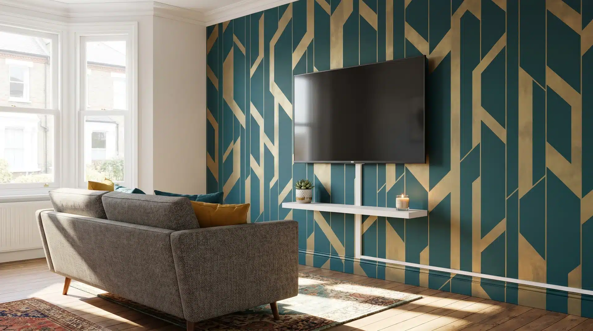 Bold geometric wallpaper feature wall with wall-mounted TV and floating shelf in a UK living room