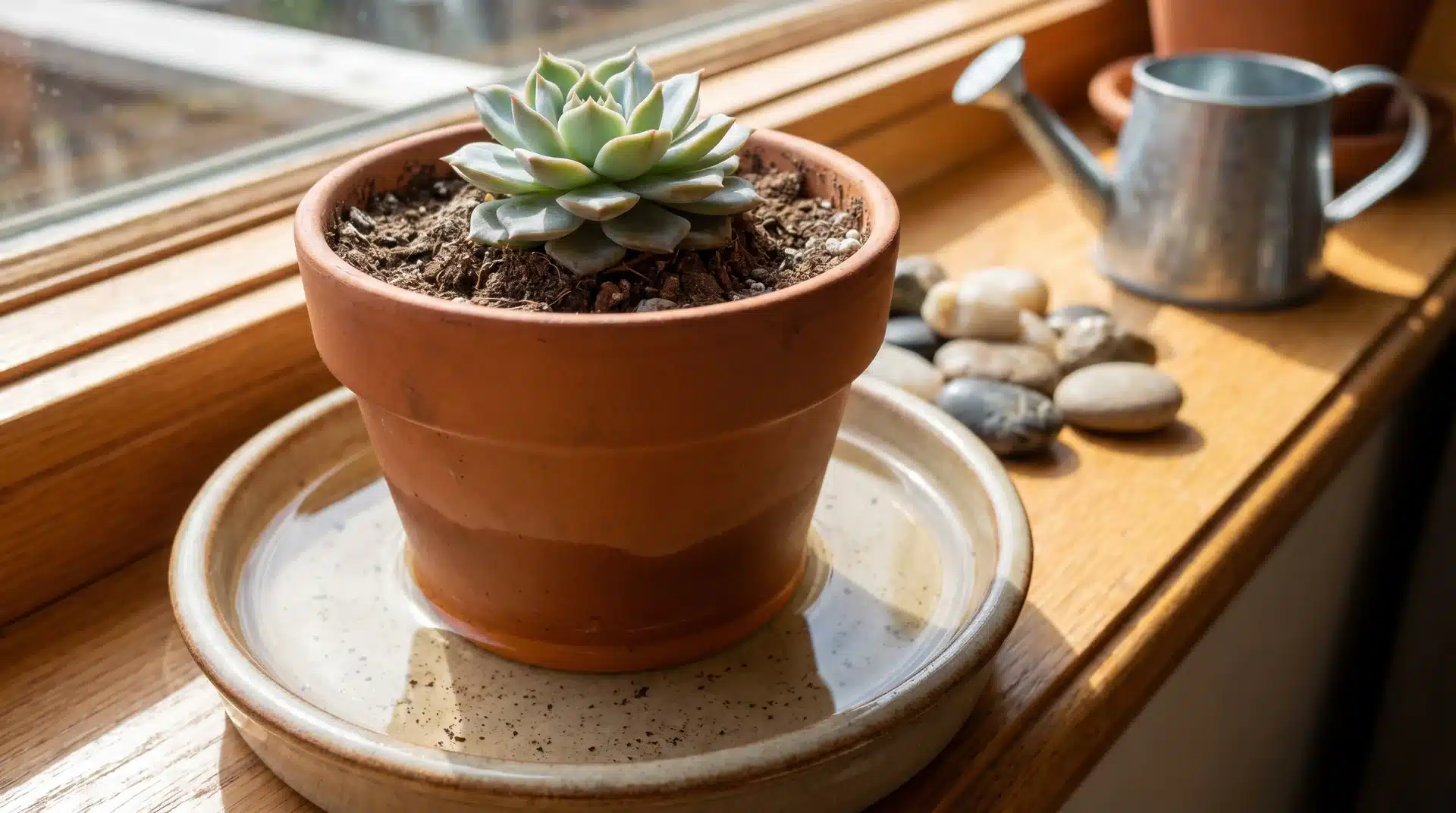 Bottom watering succulent in a terracotta pot on a windowsill with a drainage tray, stones, and a small watering can