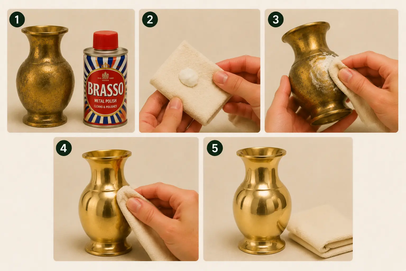 Illustration of cleaning heavily tarnished brass with commercial polish like Brasso/Flitz: read instructions, apply with cloth, rub in circles, buff with second cloth, repeat for heavy tarnish.