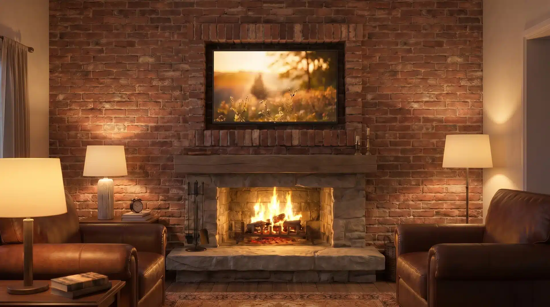 Flat screen TV recessed flush into exposed brick wall above fireplace opening.