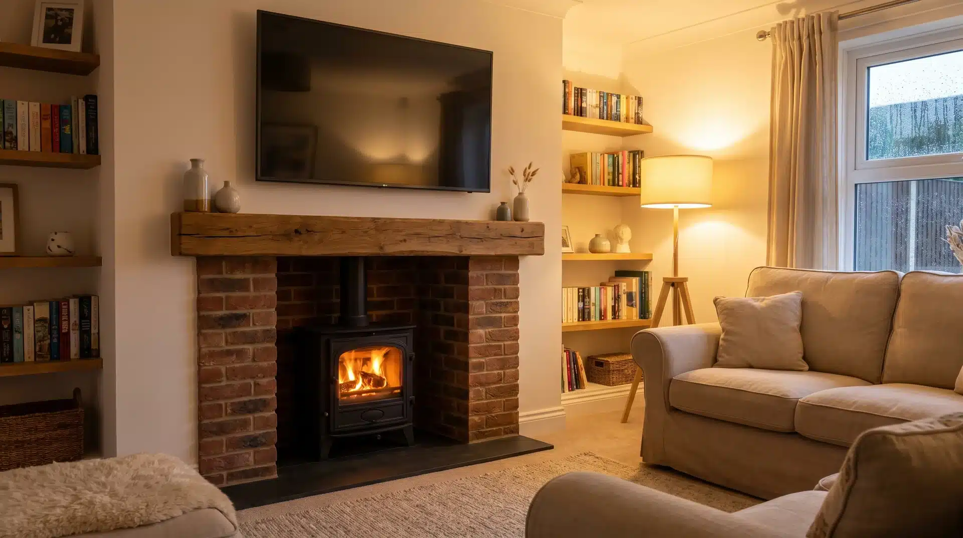 Brick slip surround with oak beam mantel on a log burner media wall with TV mounted above in a UK home