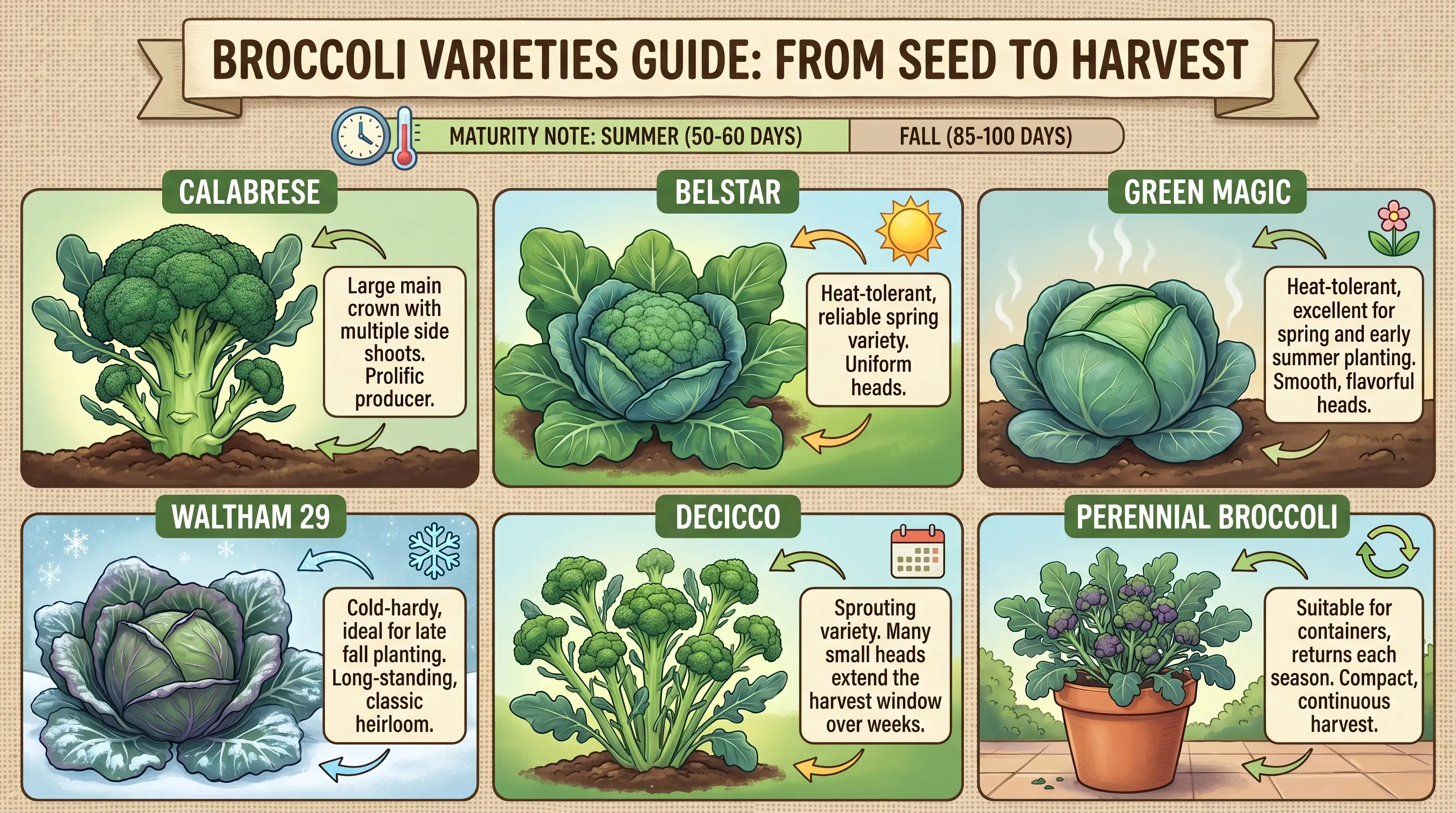 Infographic of broccoli varieties: Calabrese, Belstar, Green Magic, Waltham 29, sprouting types, and perennial broccoli, with notes on summer and fall maturity