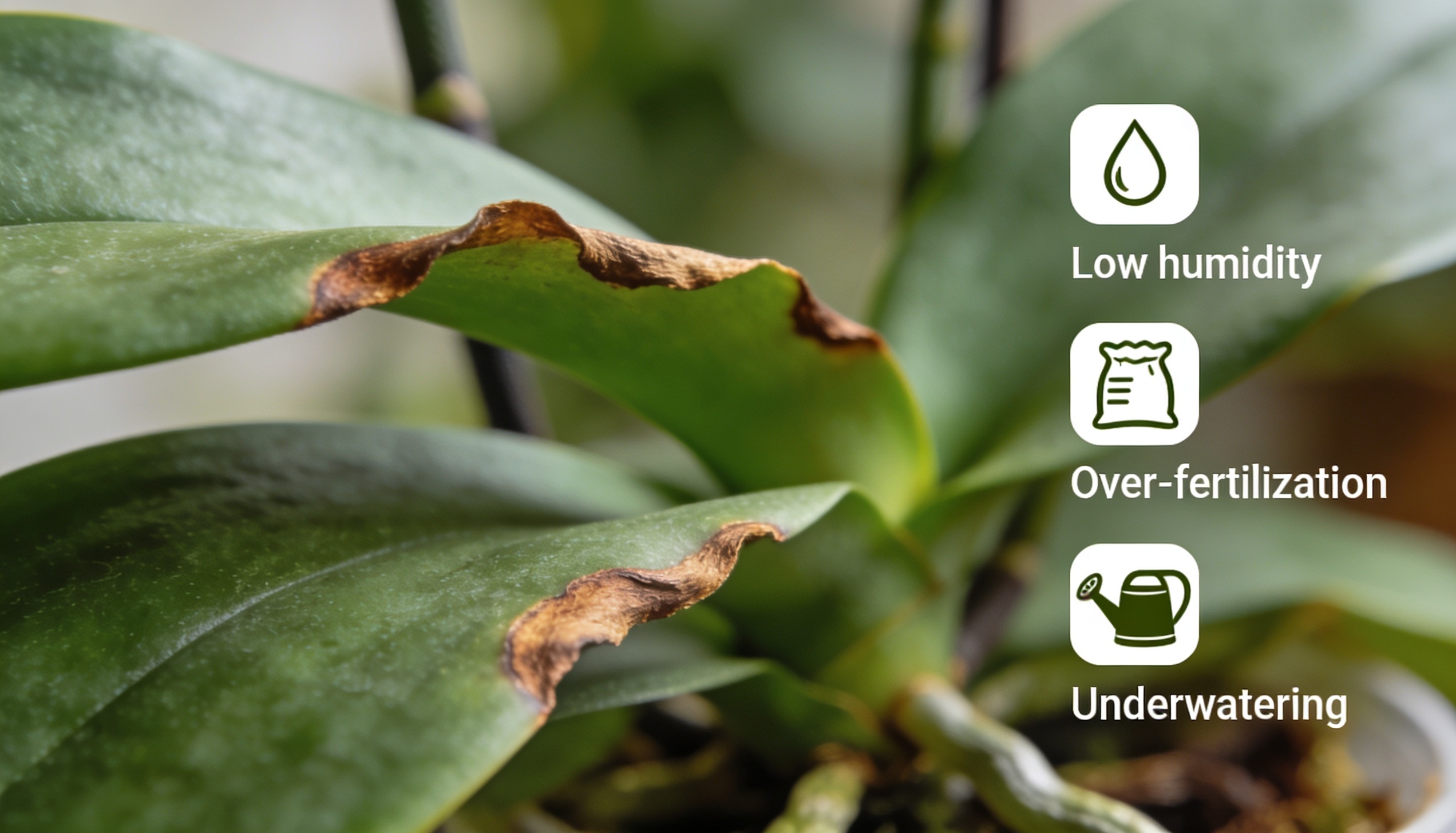 Orchid with brown leaf tips and spotted flowers, showing issues like overwatering or pests, with treatment suggestions