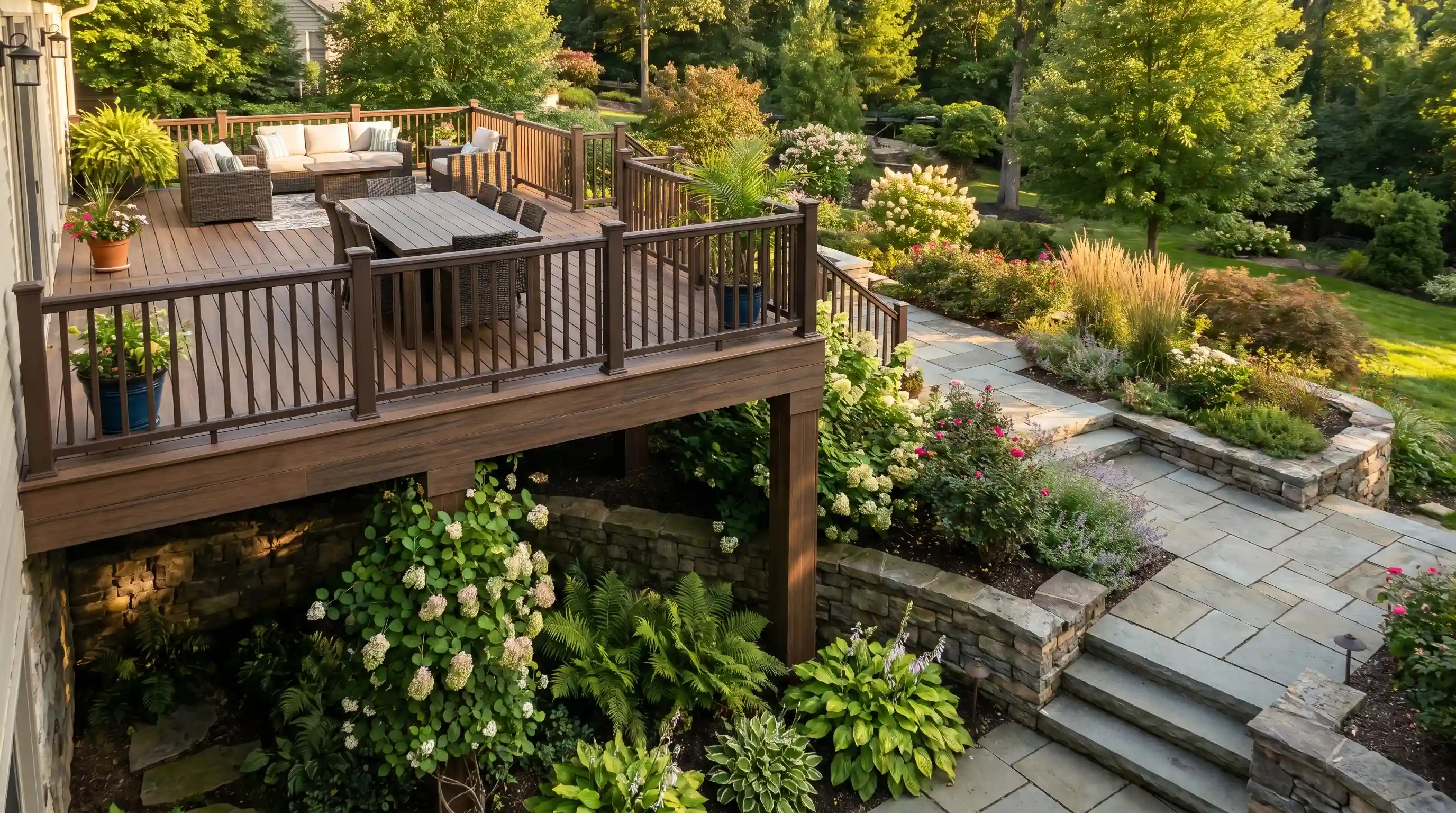 Raised deck near the house overlooking a downward sloping garden with layered stone walls and flowering shrubs.