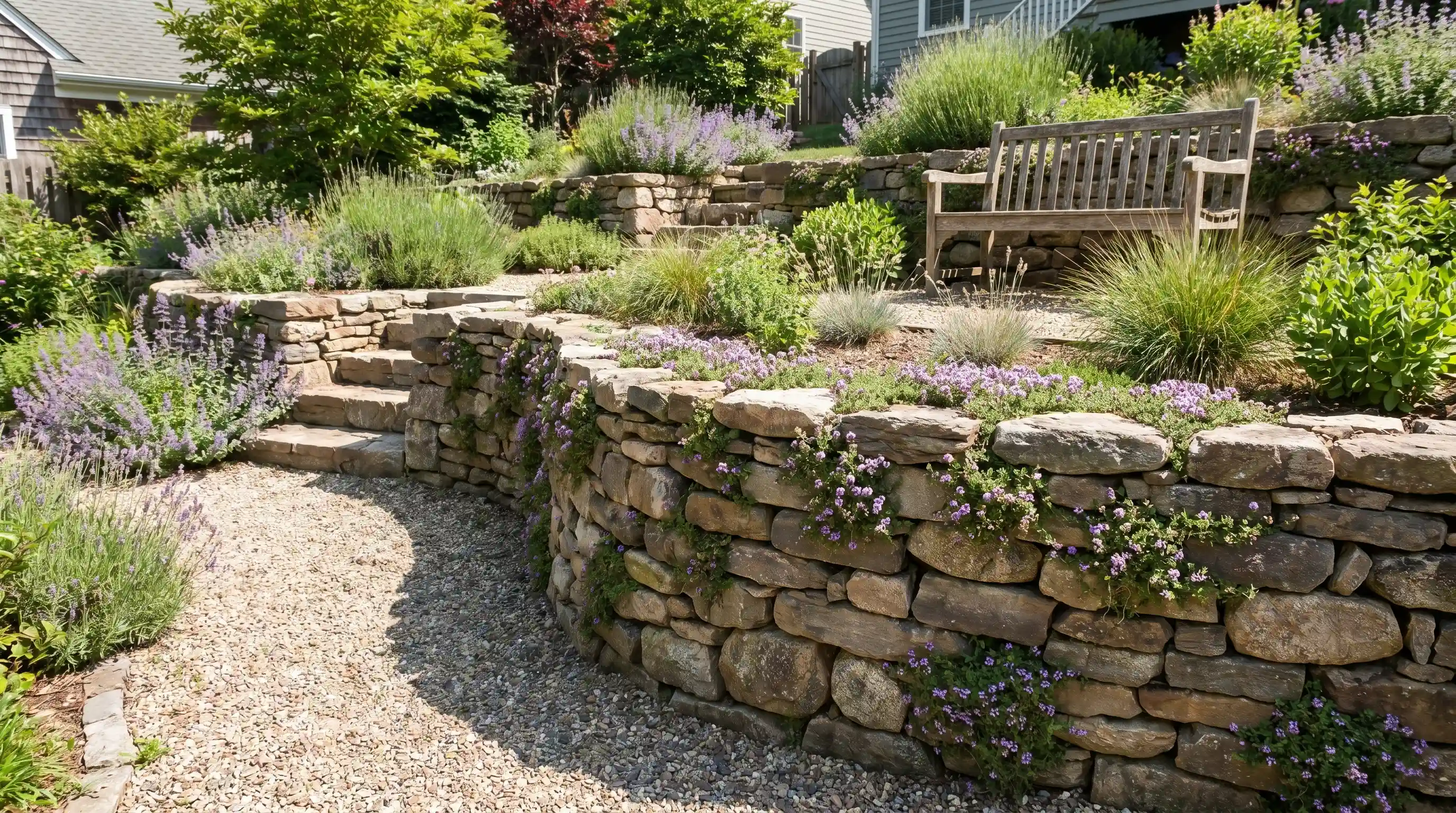 Dry-stack stone wall with creeping plants in a backyard slope garden, demonstrating functional and aesthetic slope garden ideas.