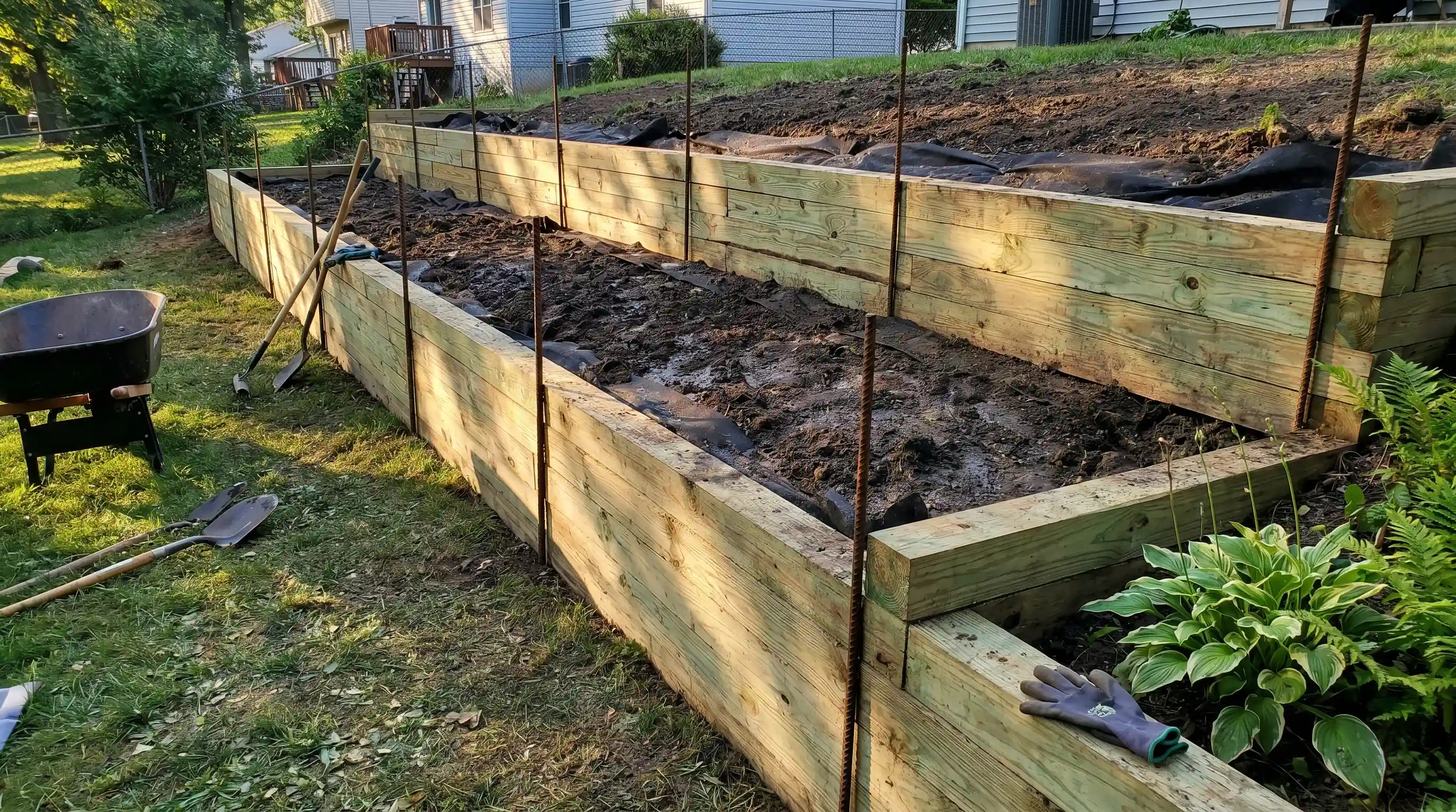DIY low timber retaining wall on a sloped backyard, showing wood construction and soil support for slope garden ideas.