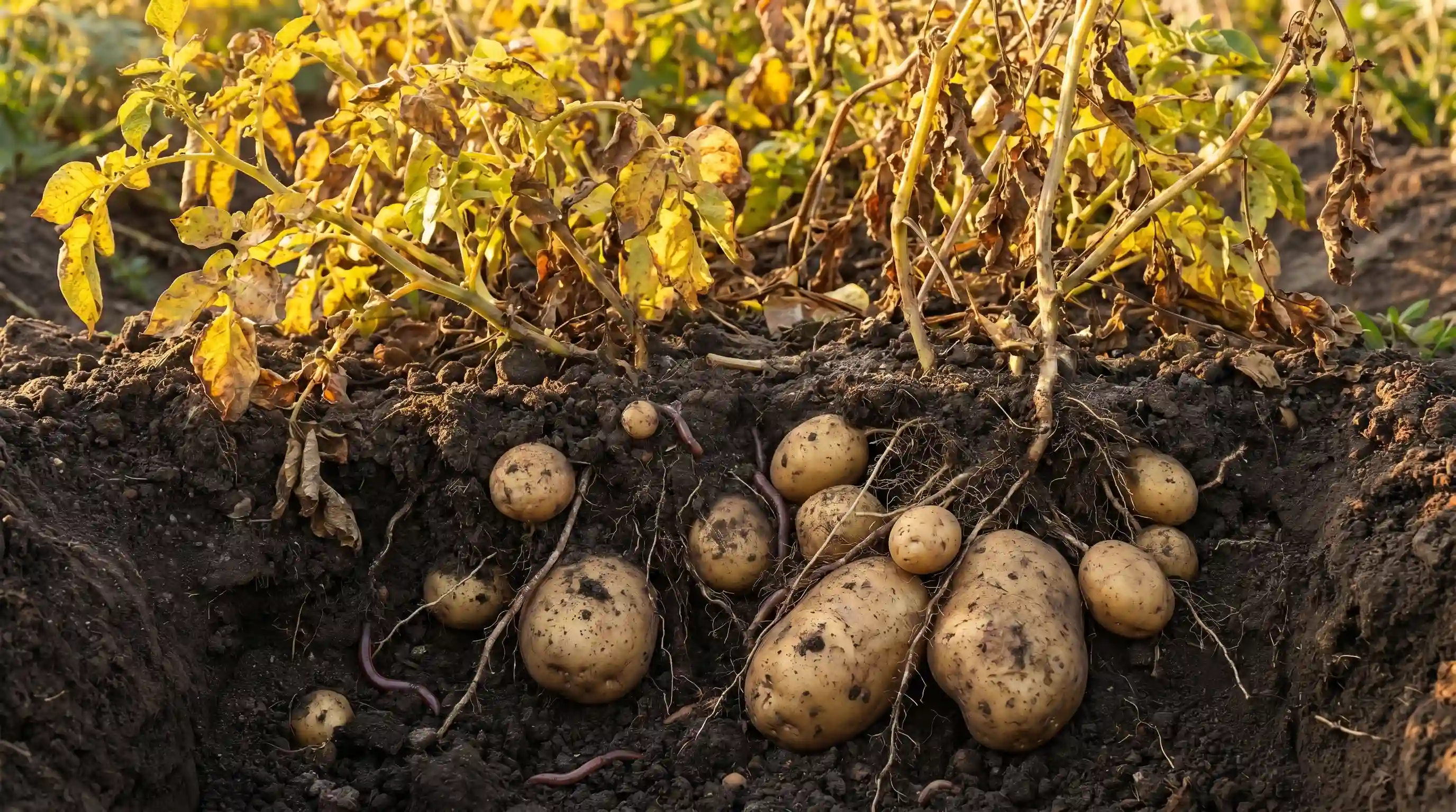 Mature potato plants with yellowing foliage, showing fully developed tubers underground ready for harvest in garden rows.