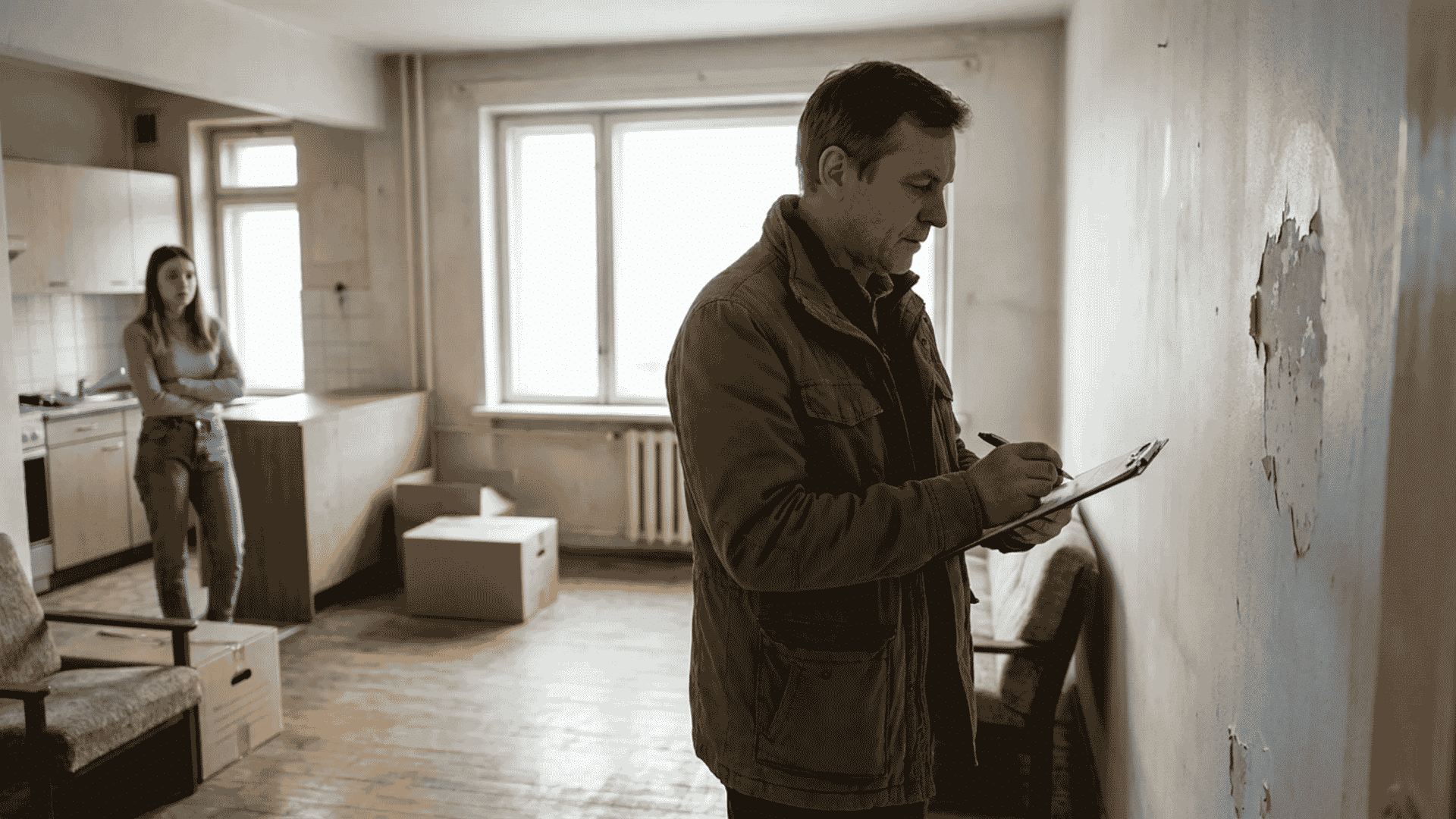 A property surveyor writing on a clipboard during a home inspection of a room with visible wall damage.
