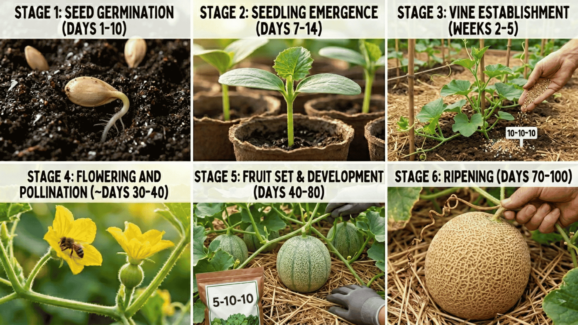 a collage showing Cantaloupe Plant Growth Stages.