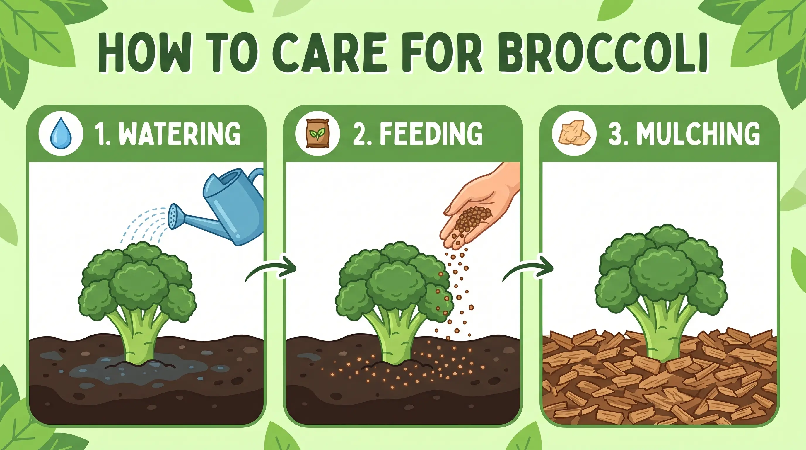 Infographic showing broccoli care with watering, applying organic fertilizer, and mulching around the base, highlighting key steps for healthy plant growth