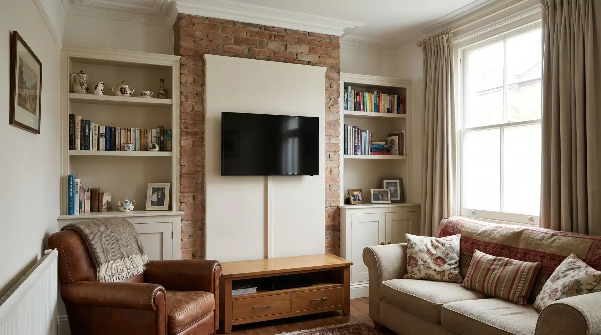 TV mounted on an existing chimney breast with built-in alcove shelving either side in a living room