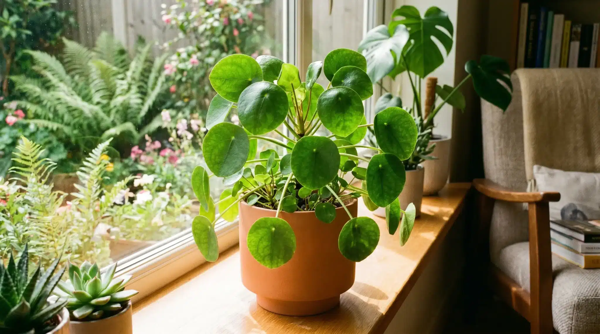 A healthy Chinese Money Plant (Pilea peperomioides) indoors on a sunny windowsill and outdoors in a bright garden bed, showing lush round leaves and vibrant green foliage.