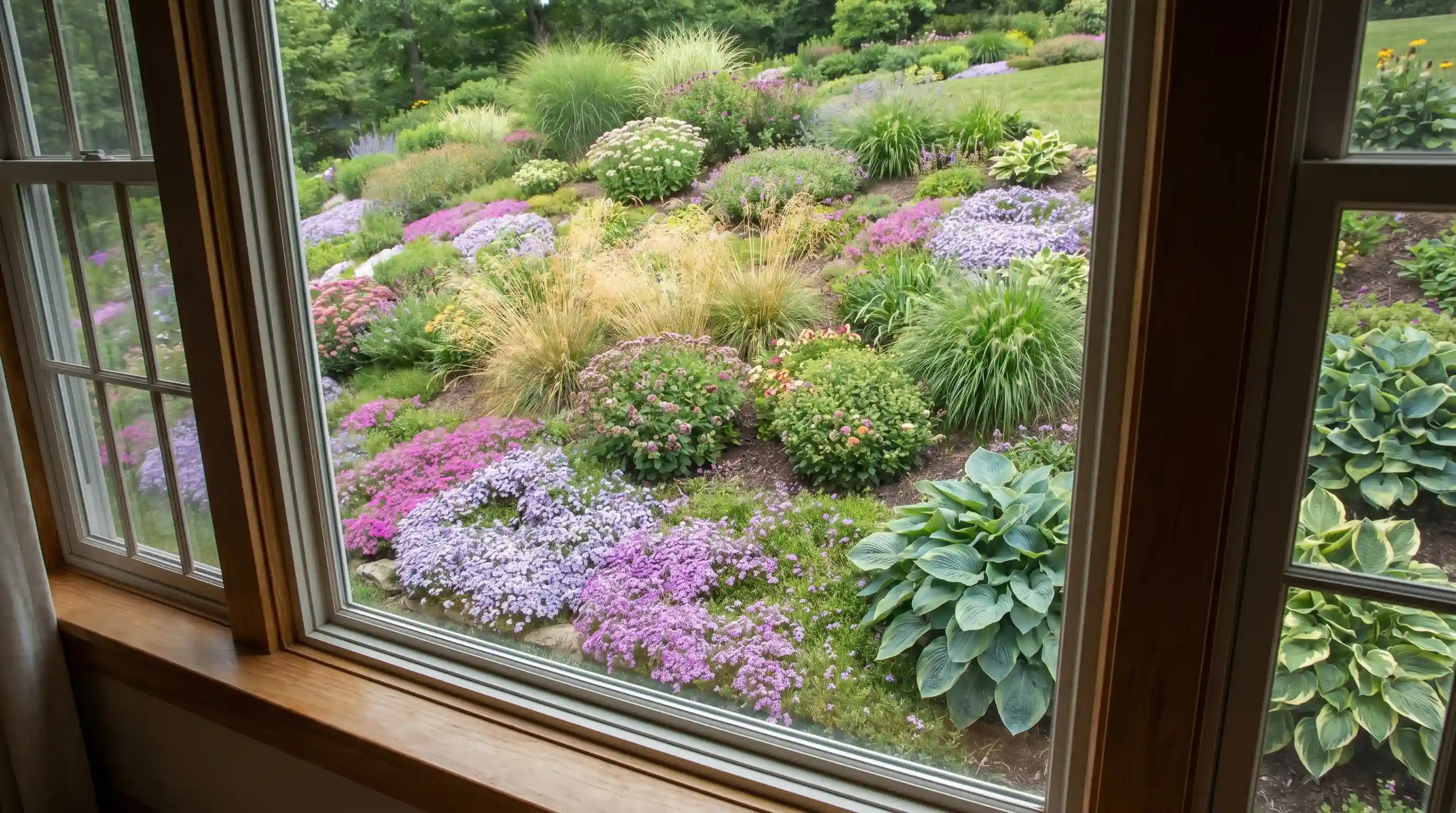 Sloped garden bed with low shrubs and flowering plants designed to perform well from above in downward sloping garden.