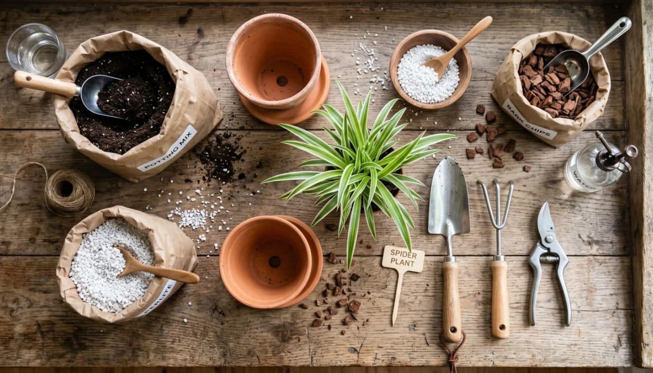 Spider plant care soil mix with potting soil perlite and drainage materials