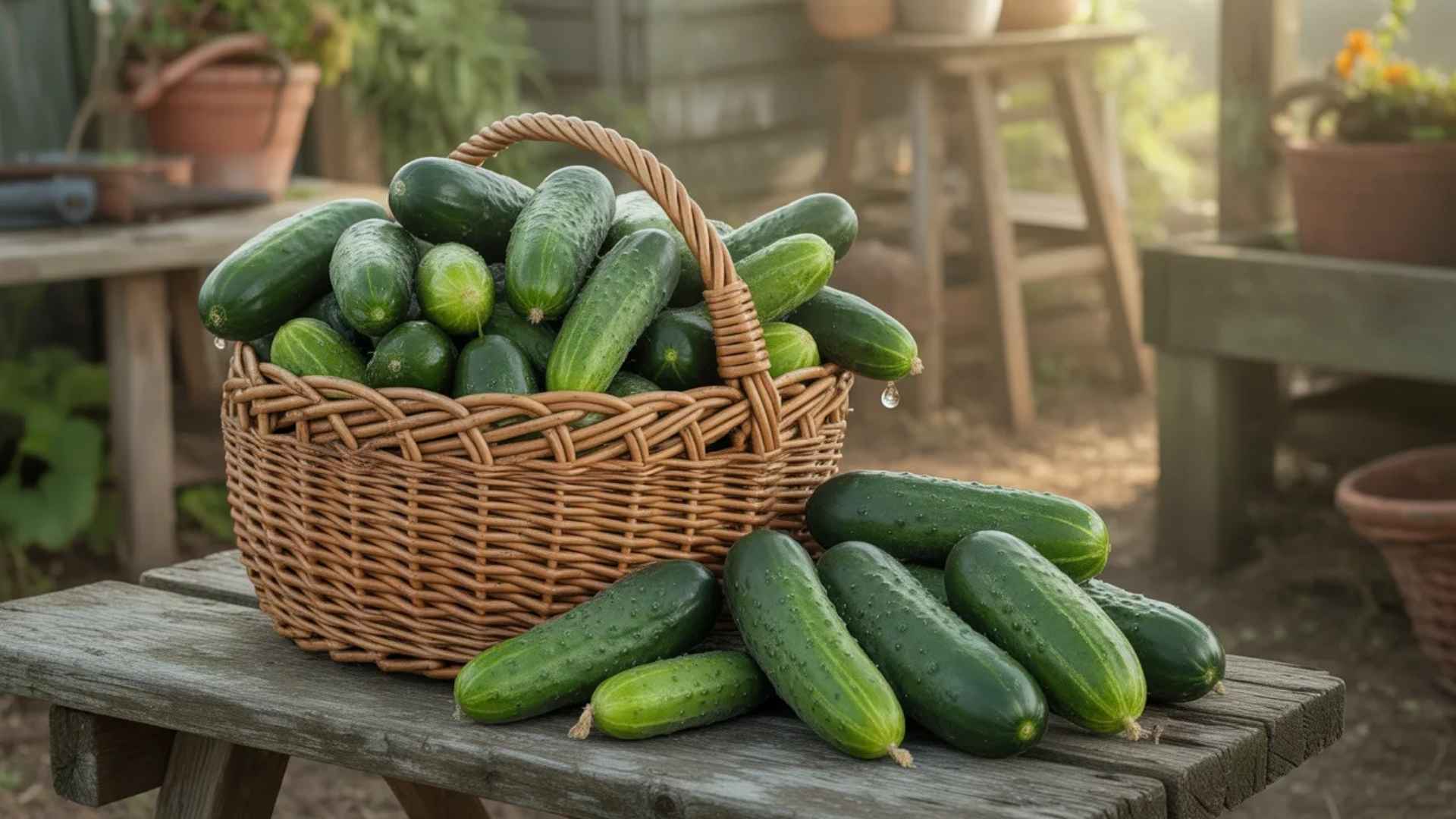 A basket filled with freshly picked cucumbers on a rustic wooden table.
