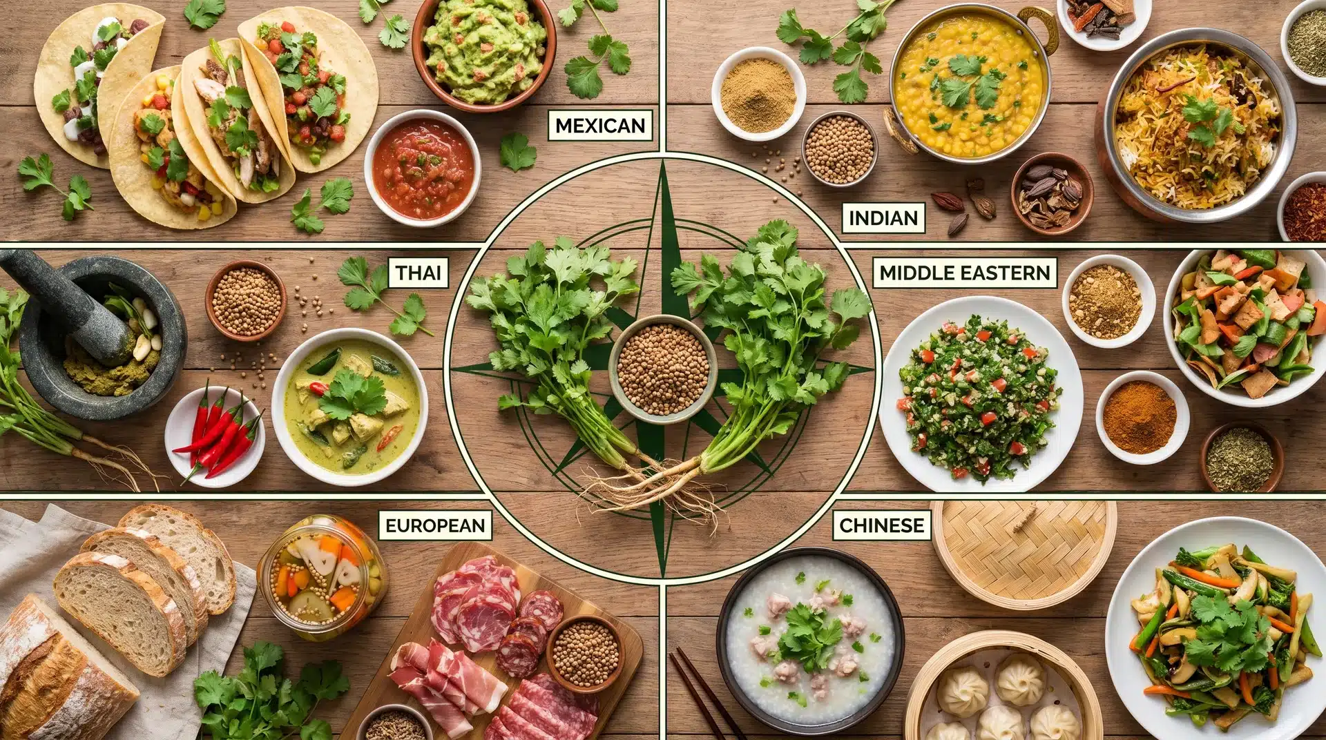 cilantro leaves, coriander seeds, and cilantro roots displayed alongside Mexican, Indian, Thai, Middle Eastern, European, and Chinese dishes showing how each cuisine uses different parts of the coriander plant.
