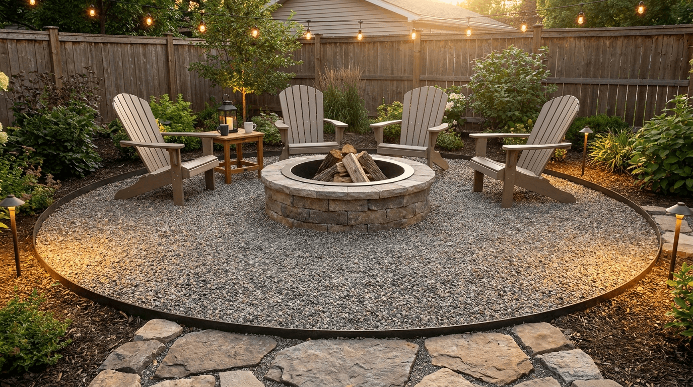 Round pea gravel fire pit patio with steel ring or stone edging, chairs arranged around pit, sunlight and shadows.