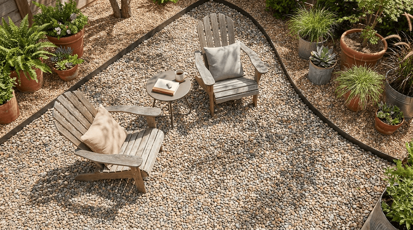 Pea gravel patio with steel edging, Adirondack chairs, side table, and potted plants along the perimeter.