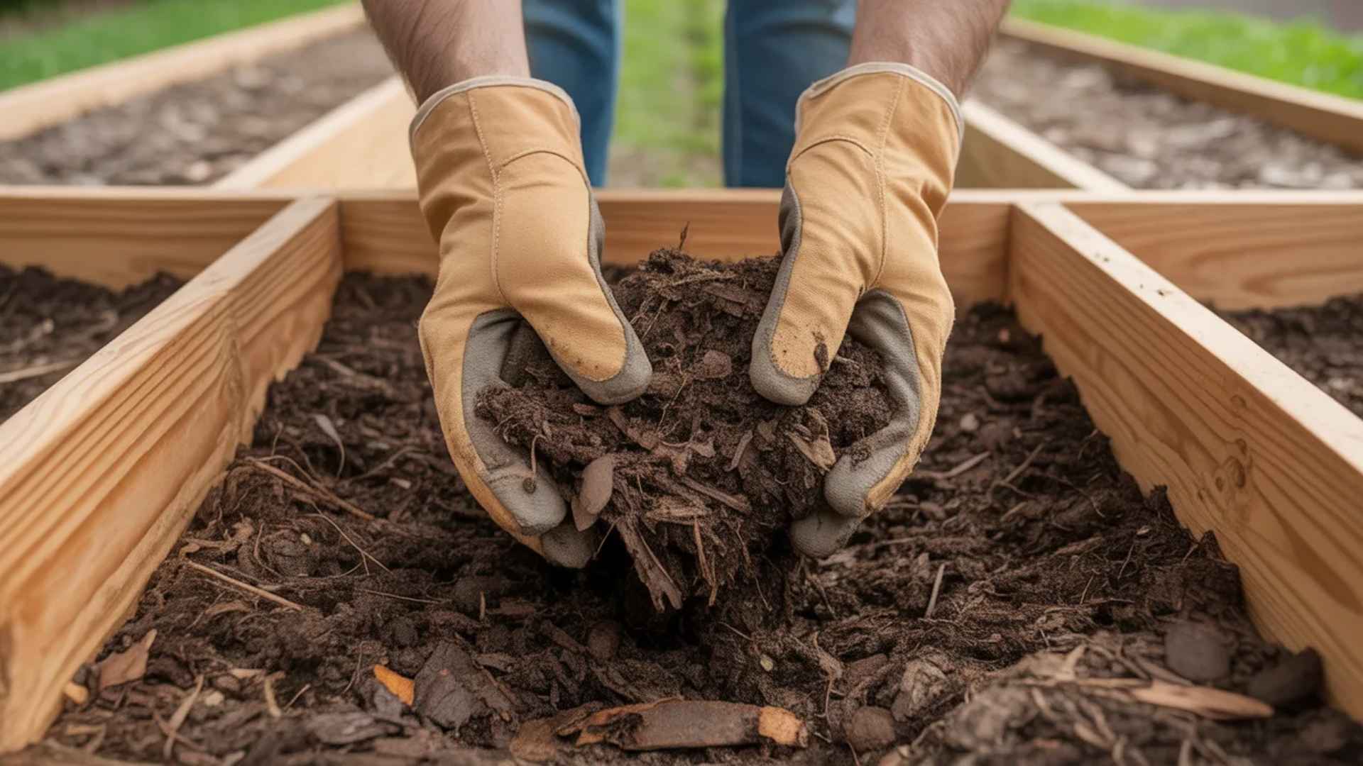 A person in gardening gloves is placing soil into a raised garden bed, preparing it for planting