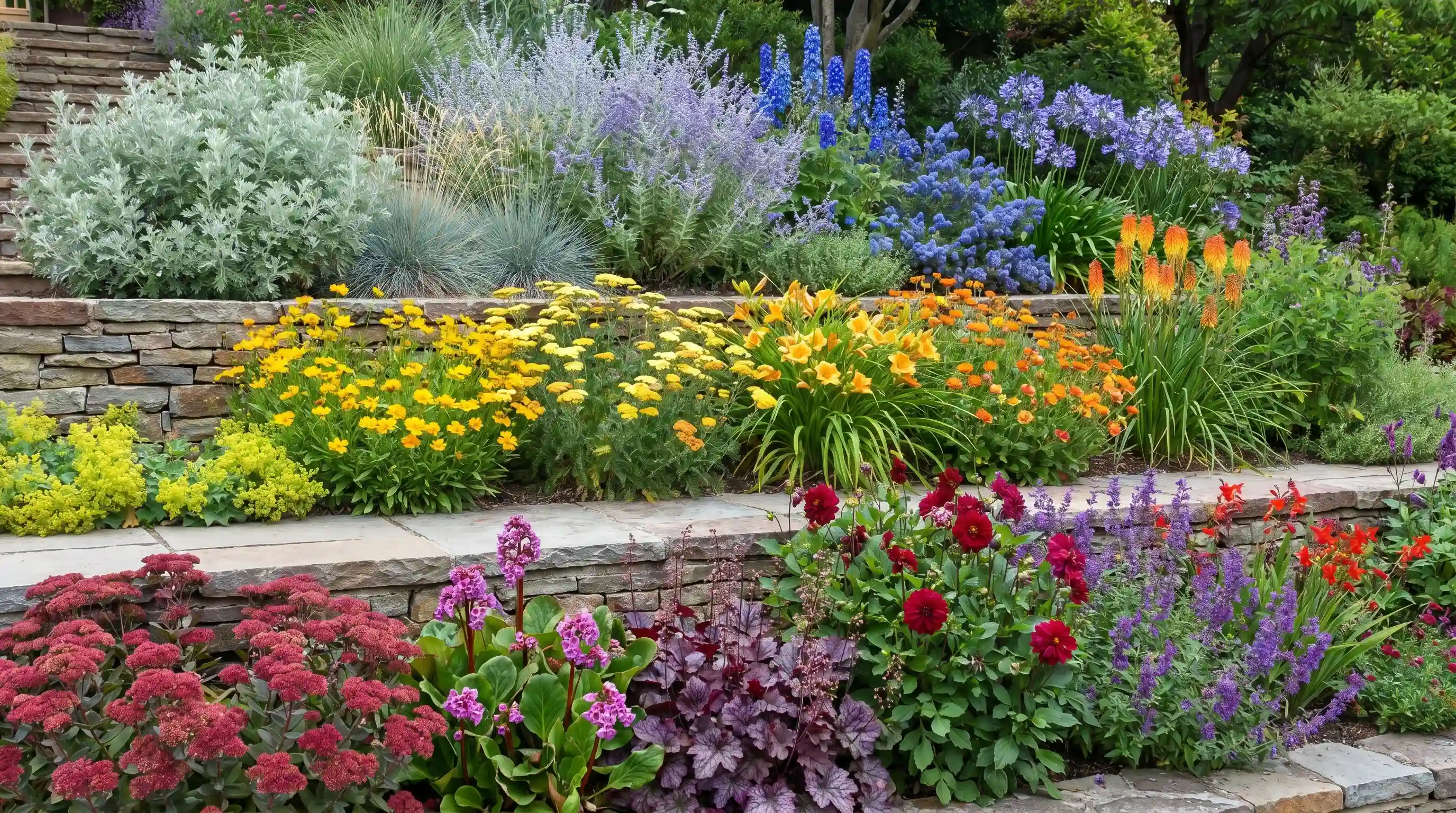 Tiered planting with color zones, displaying vibrant flowers and foliage arranged in horizontal layers with a mix of textures and heights, illustrating bright tiered garden ideas.