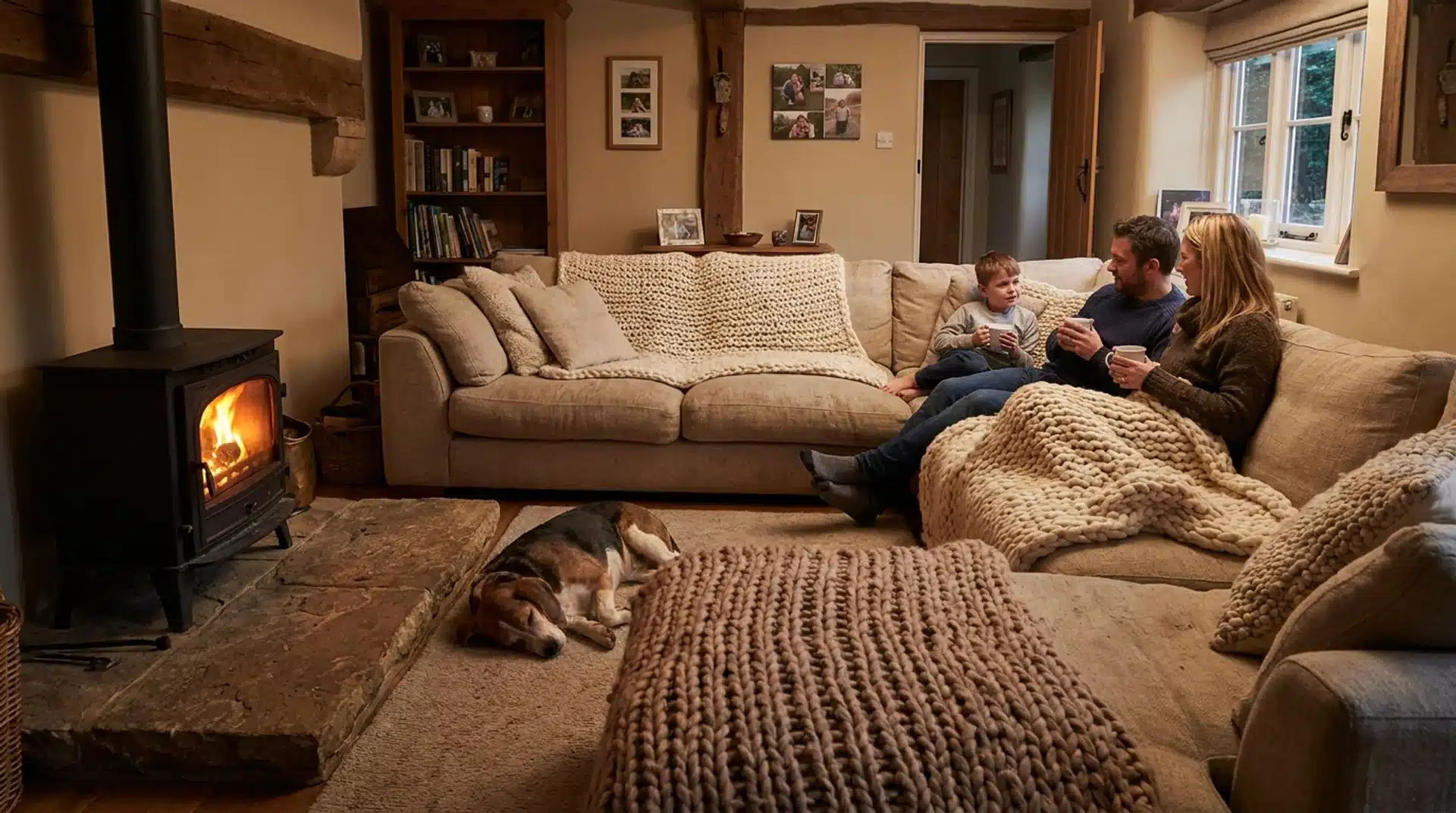 Warm family living room with freestanding log burner and U-shaped seating layout.