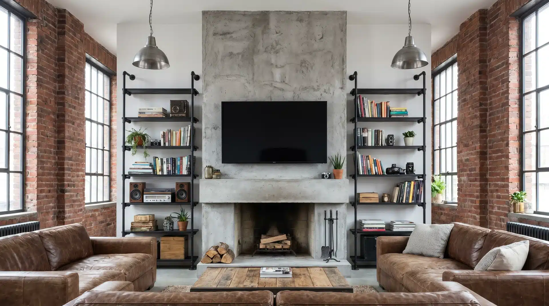 TV on concrete chimney breast above fireplace with black steel pipe shelves either side.