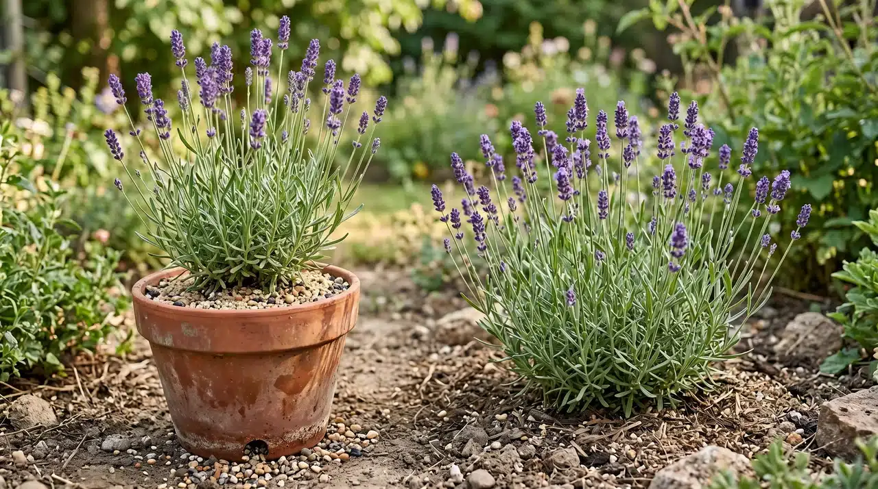 Two lavender plants side by side one in a terracotta pot and one in a garden bed comparing ways of planting lavender