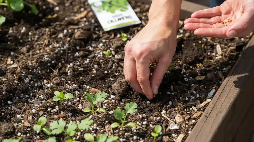 A close-up photo of a person's hands planting coriander seeds