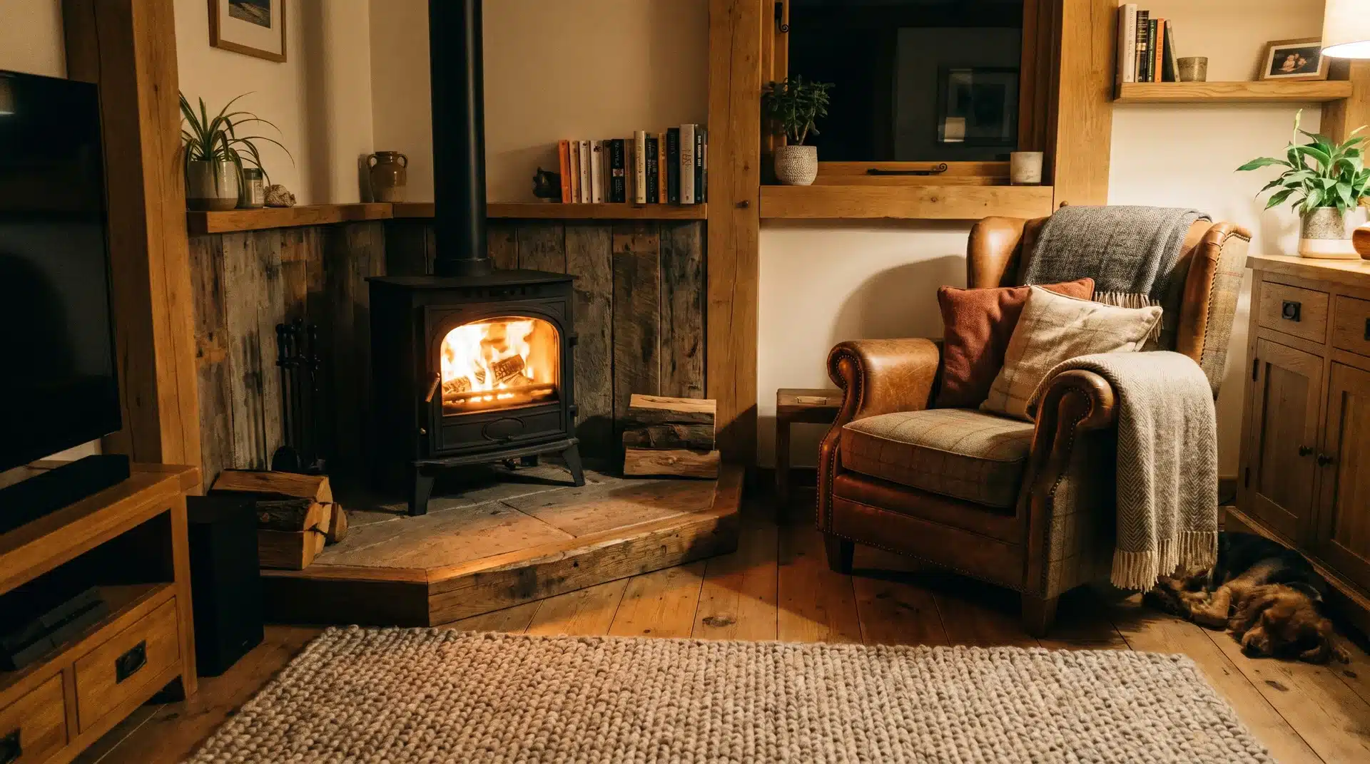Corner log burner with angled hearth, cozy small living room with warm firelight.