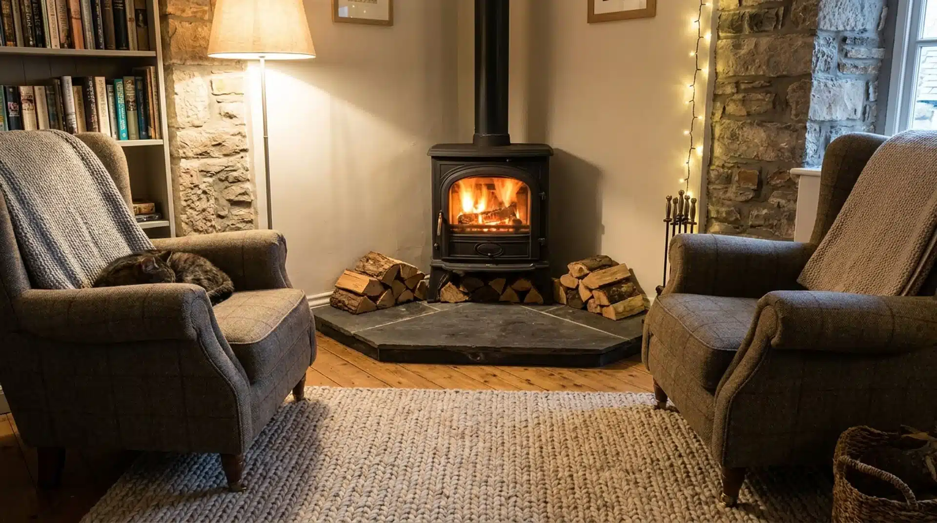 Small cozy living room with corner log burner and angled hearth design.