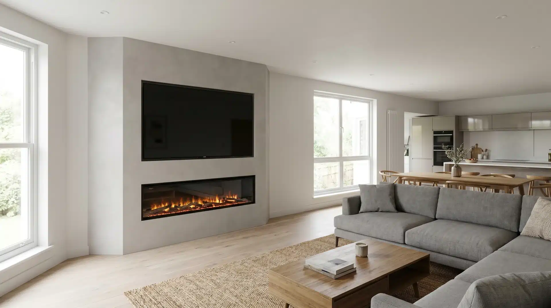 Corner media wall with TV and electric fireplace angled into an unused corner of an open-plan living room