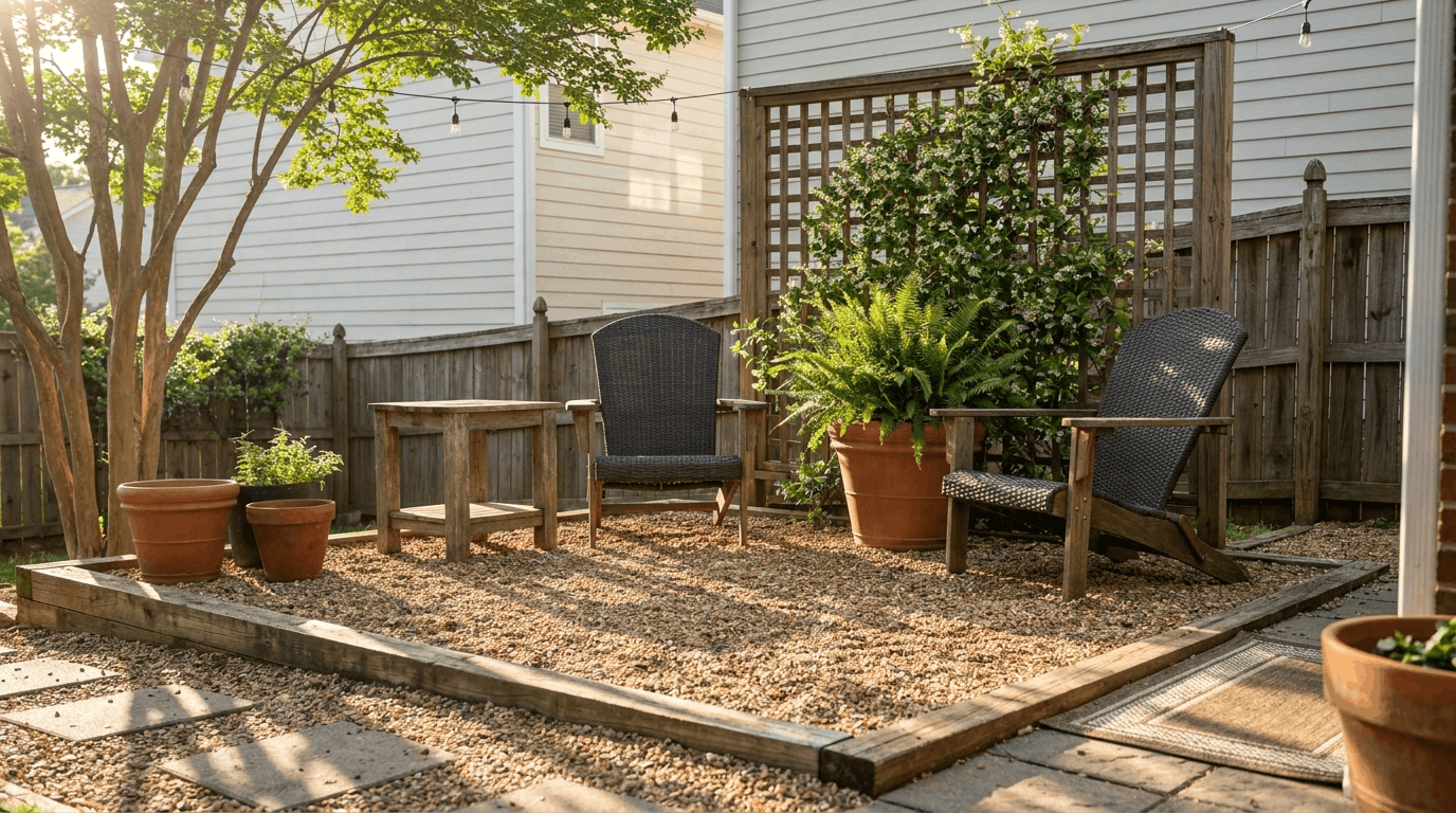 Small gravel-filled corner with two chairs, side table, planter or trellis as anchor, sunlight highlights gravel and shadows.