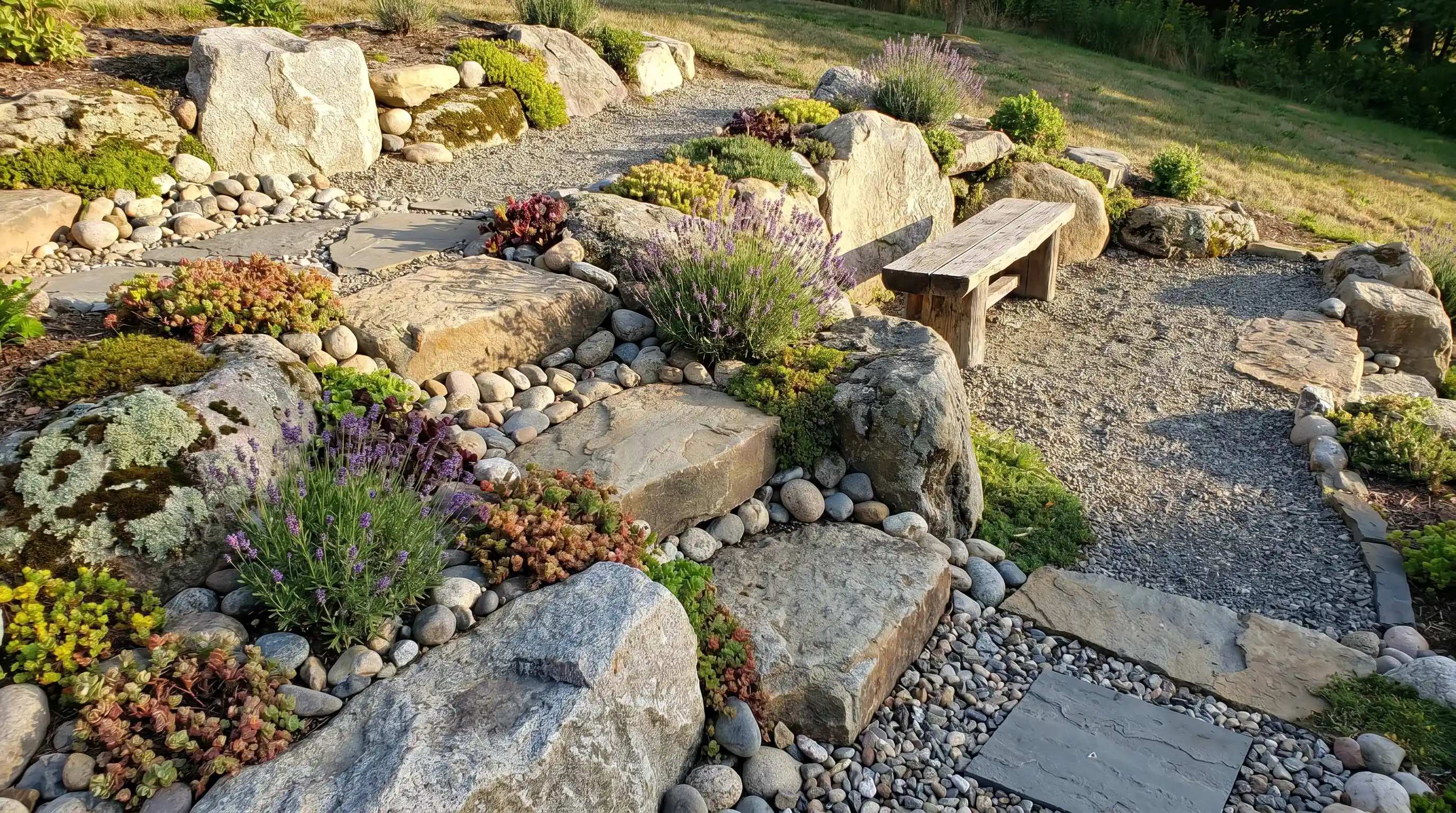 Rock garden with layered stones and plants, demonstrating creative backyard slope garden ideas using reclaimed materials.