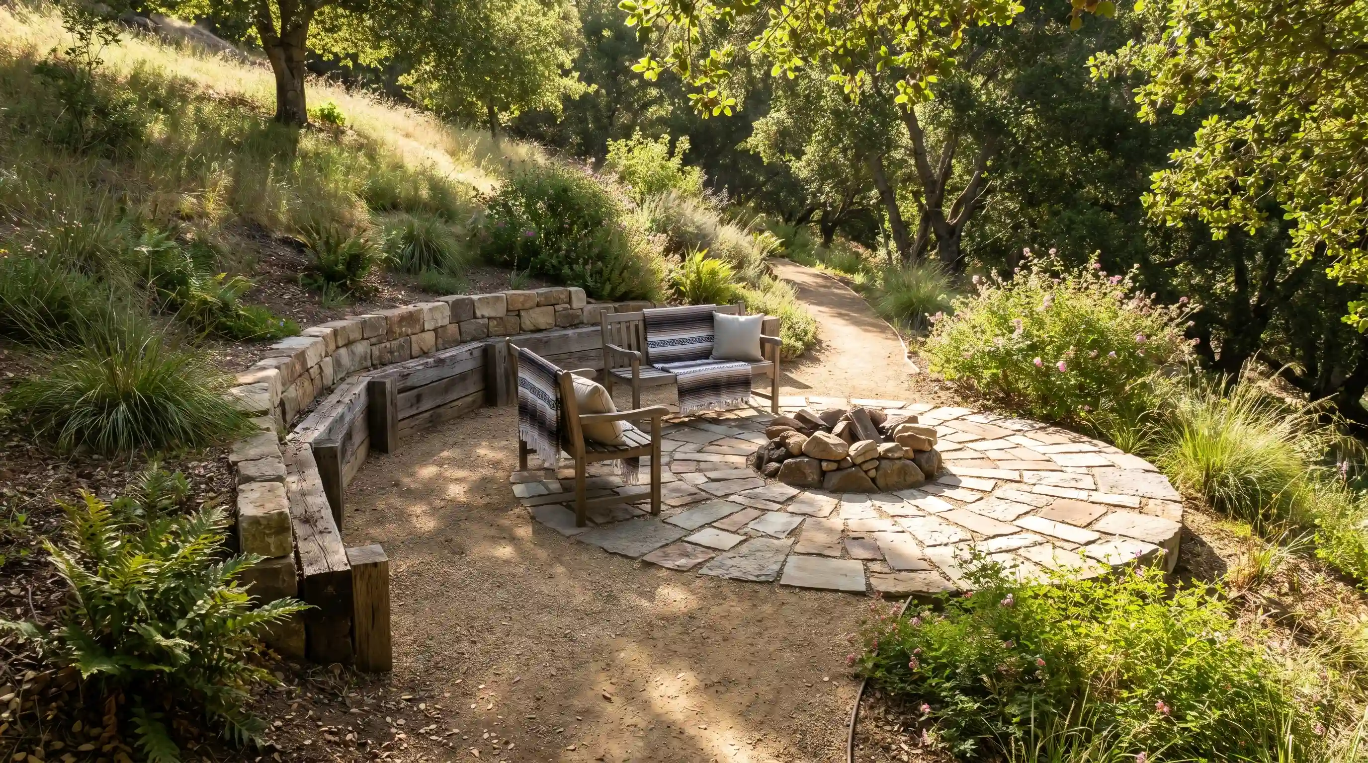 Cozy hillside seating area with stone retaining wall and gravel floor, showcasing practical and stylish sloped garden ideas.