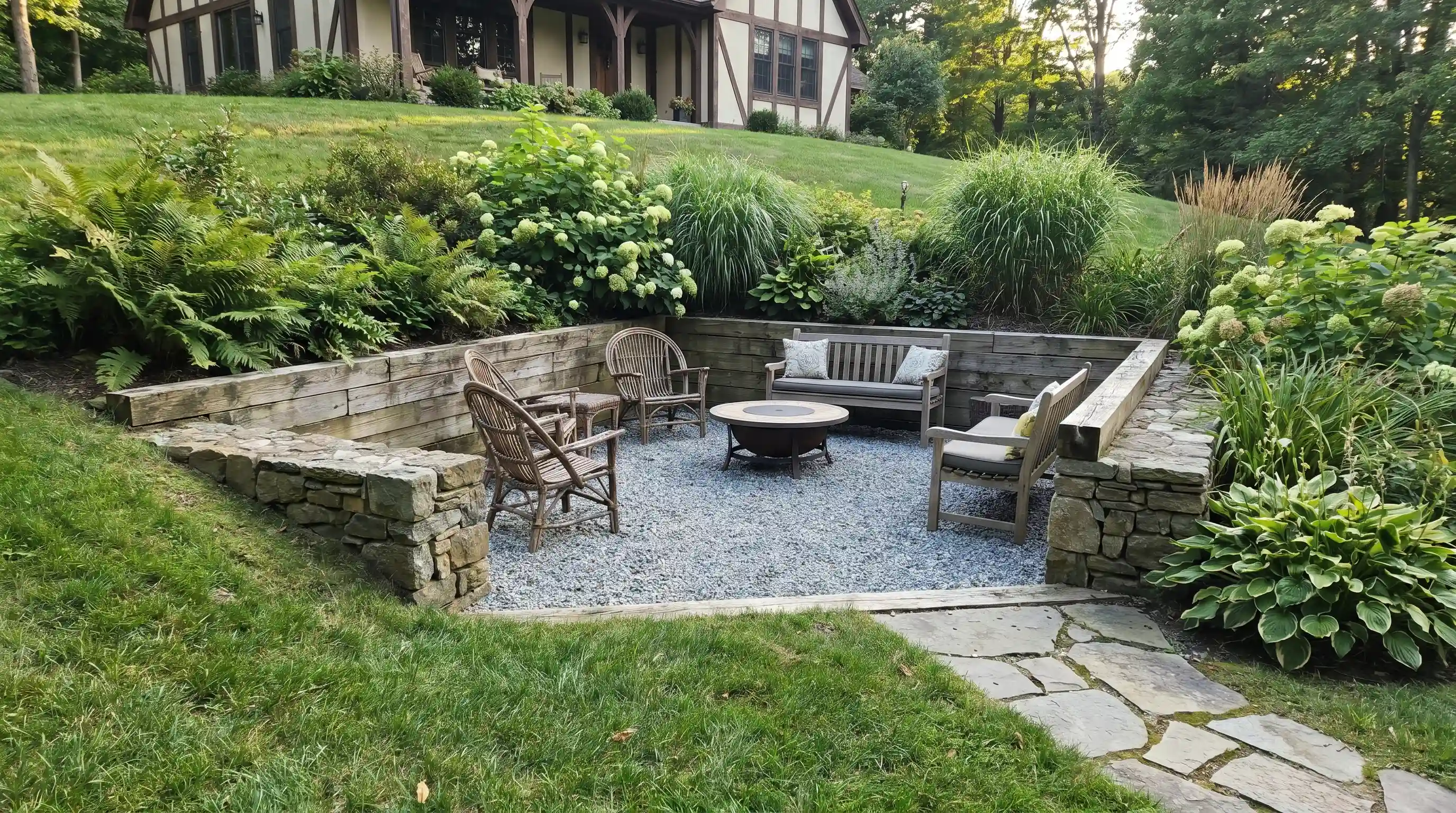 Sunken seating area at the bottom of a downward sloping garden with stone walls and gravel flooring.